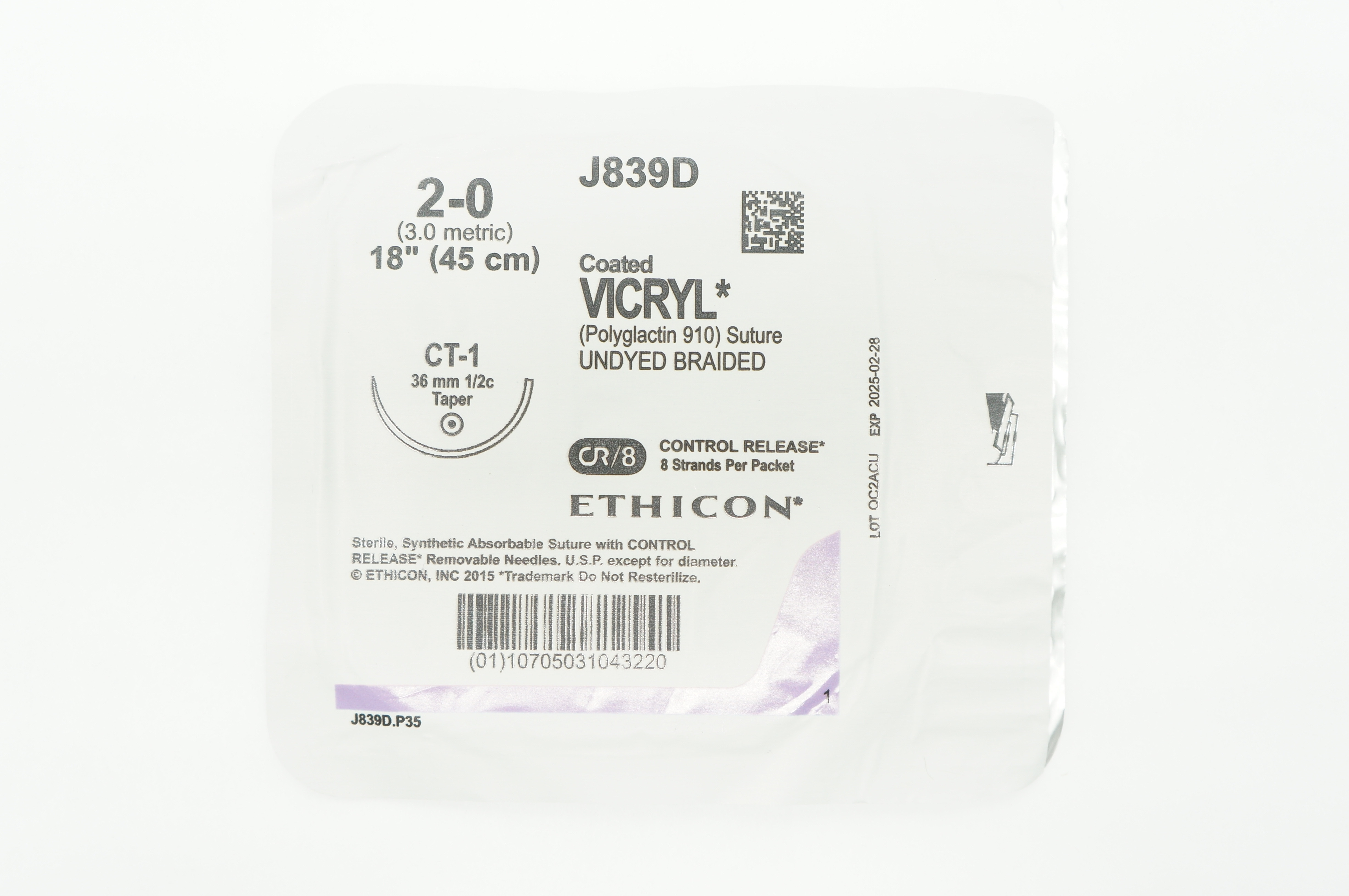 Ethicon J839D 2-0 VICRYL CT-1 36mm 1/2c Taper 18 inch