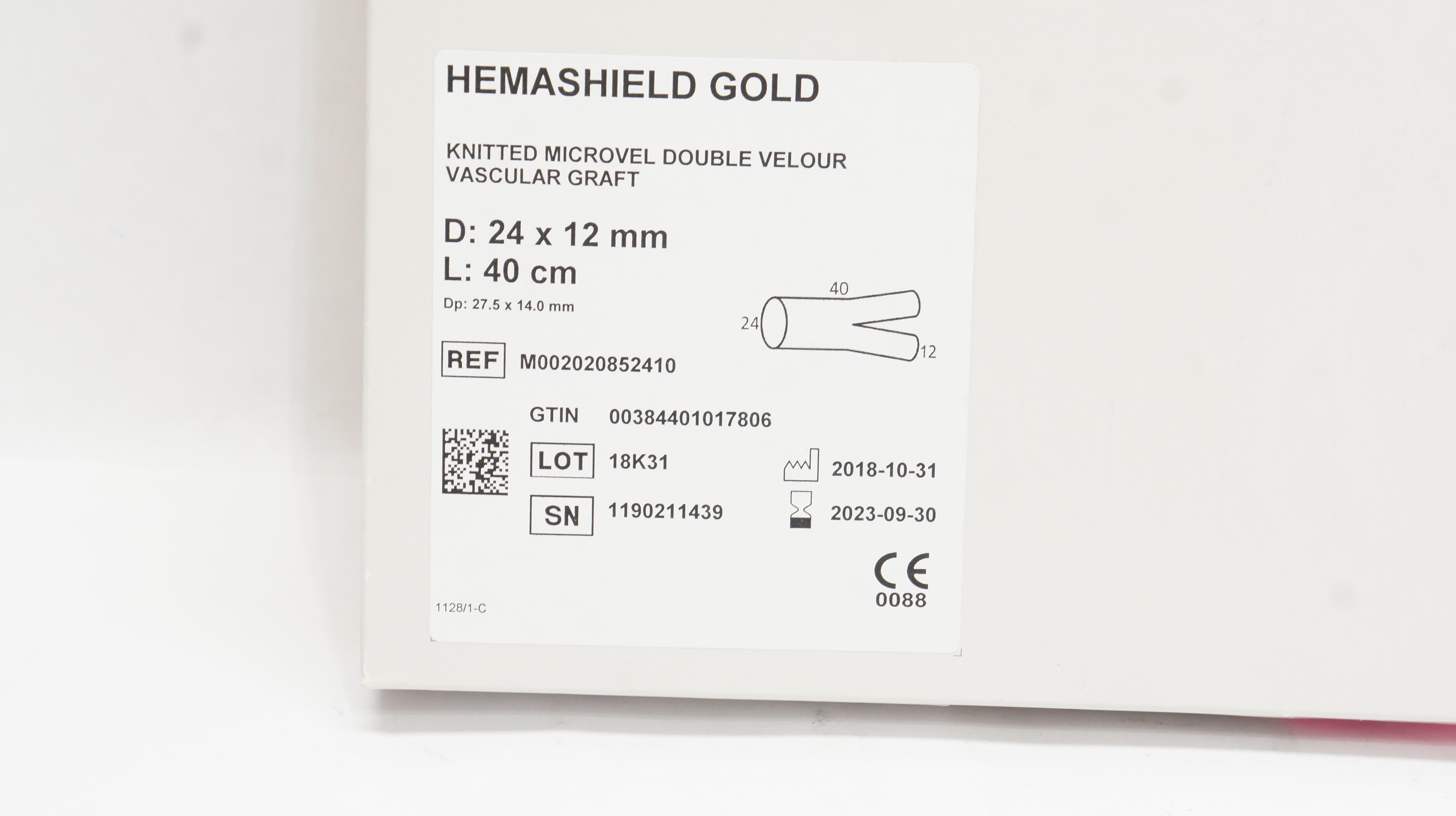 Maquet M002020852410 Hemashield Gold Knitted Vascular Graft 24 x 12mm x 40cm (x)
