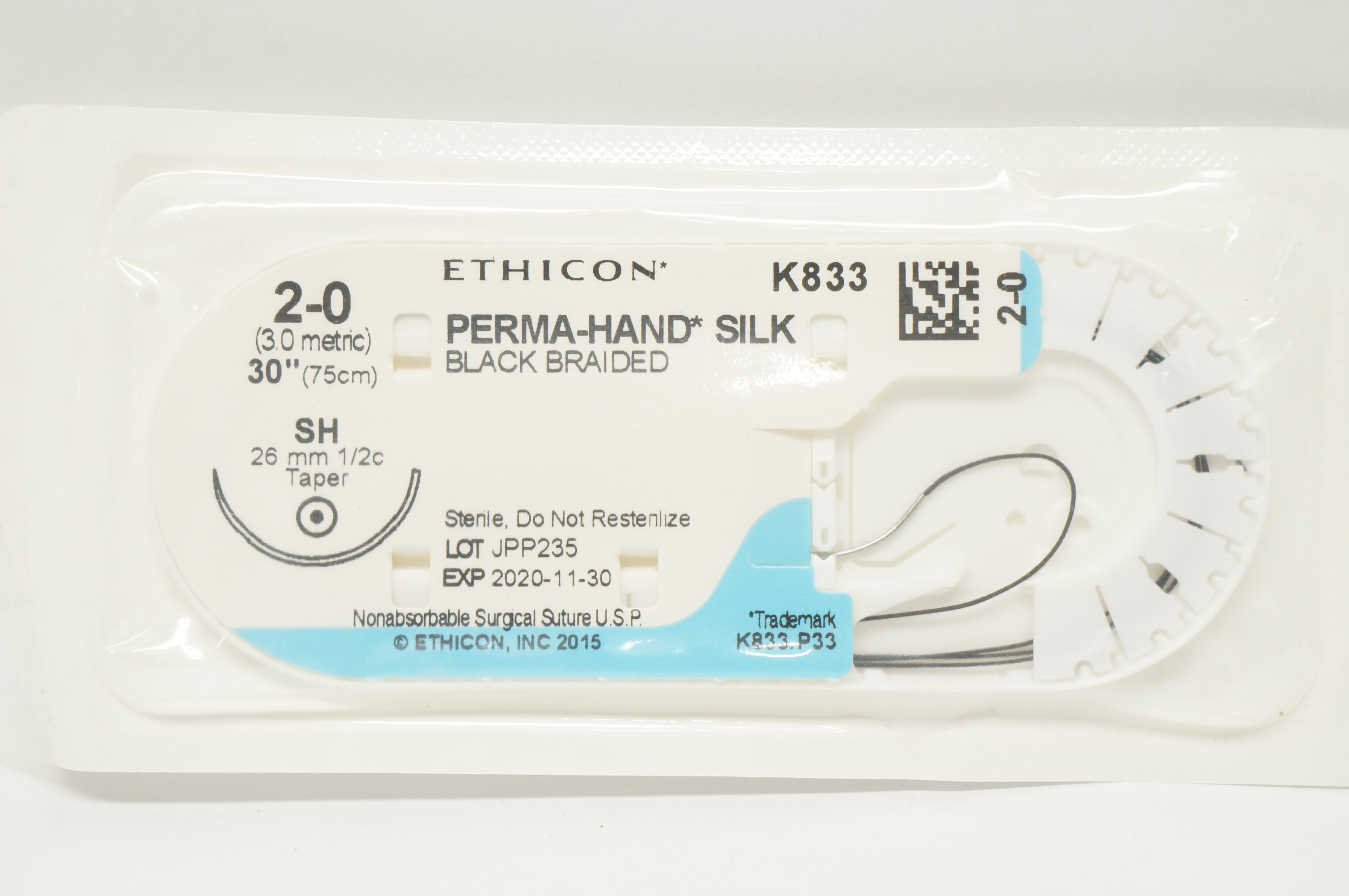 Ethicon K833 2-0 PERMA-HAND SILK Stre SH 26mm 1/2c Taper, 30inch (x)