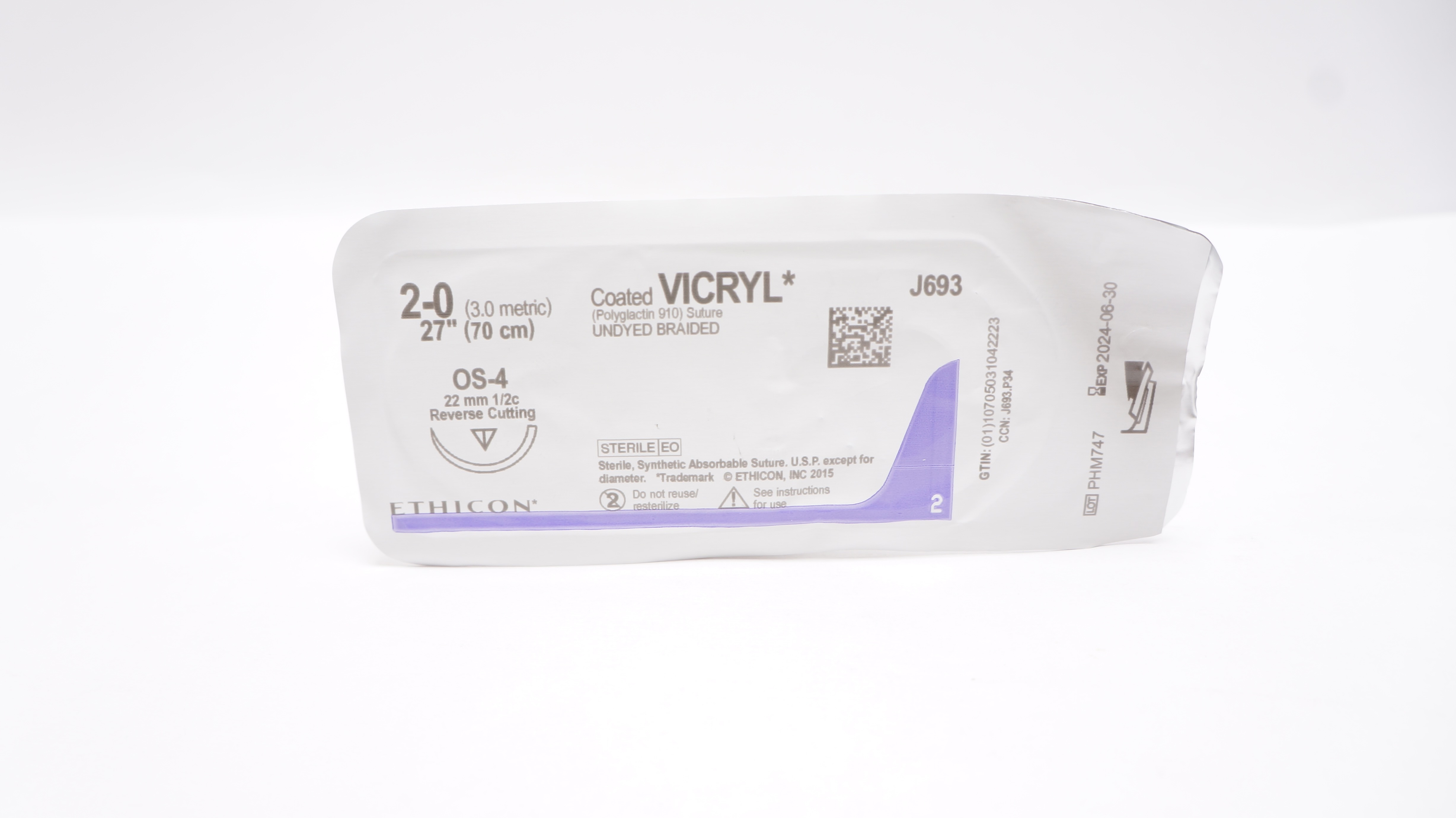 Ethicon J693 2-0 Coated Vicryl Stre OS-4 22mm 1/2c Reverse Cutting 27inch
