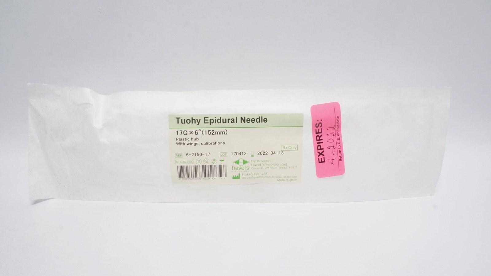 Havel's 6-2150-17 Tuohy Epidural Needle 17G x 6" (152mm)