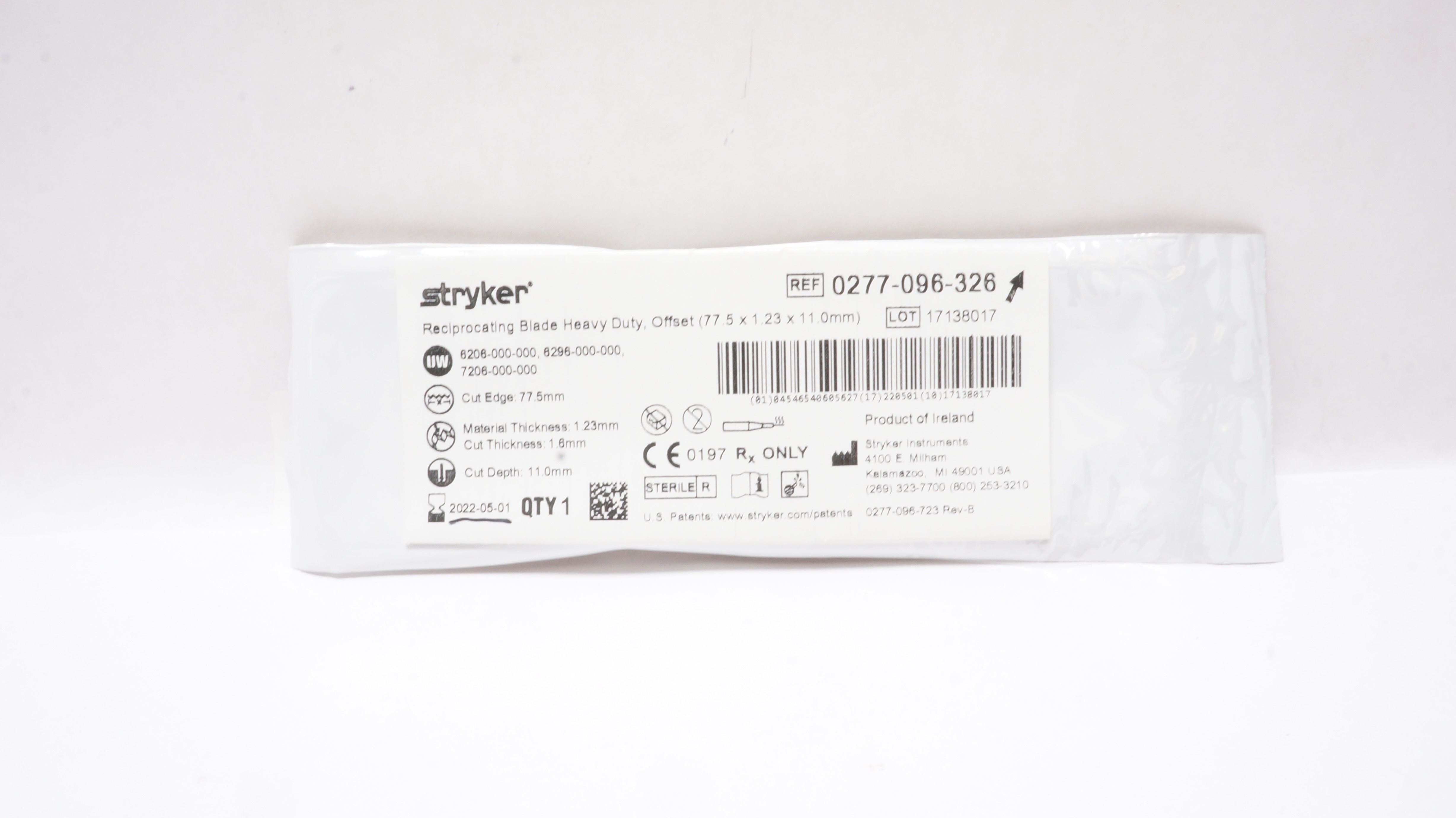 Stryker 0277-096-326 Reciprocatintg Blade Heavy Duty Offset 77.5x1.23x11.0mm (x)