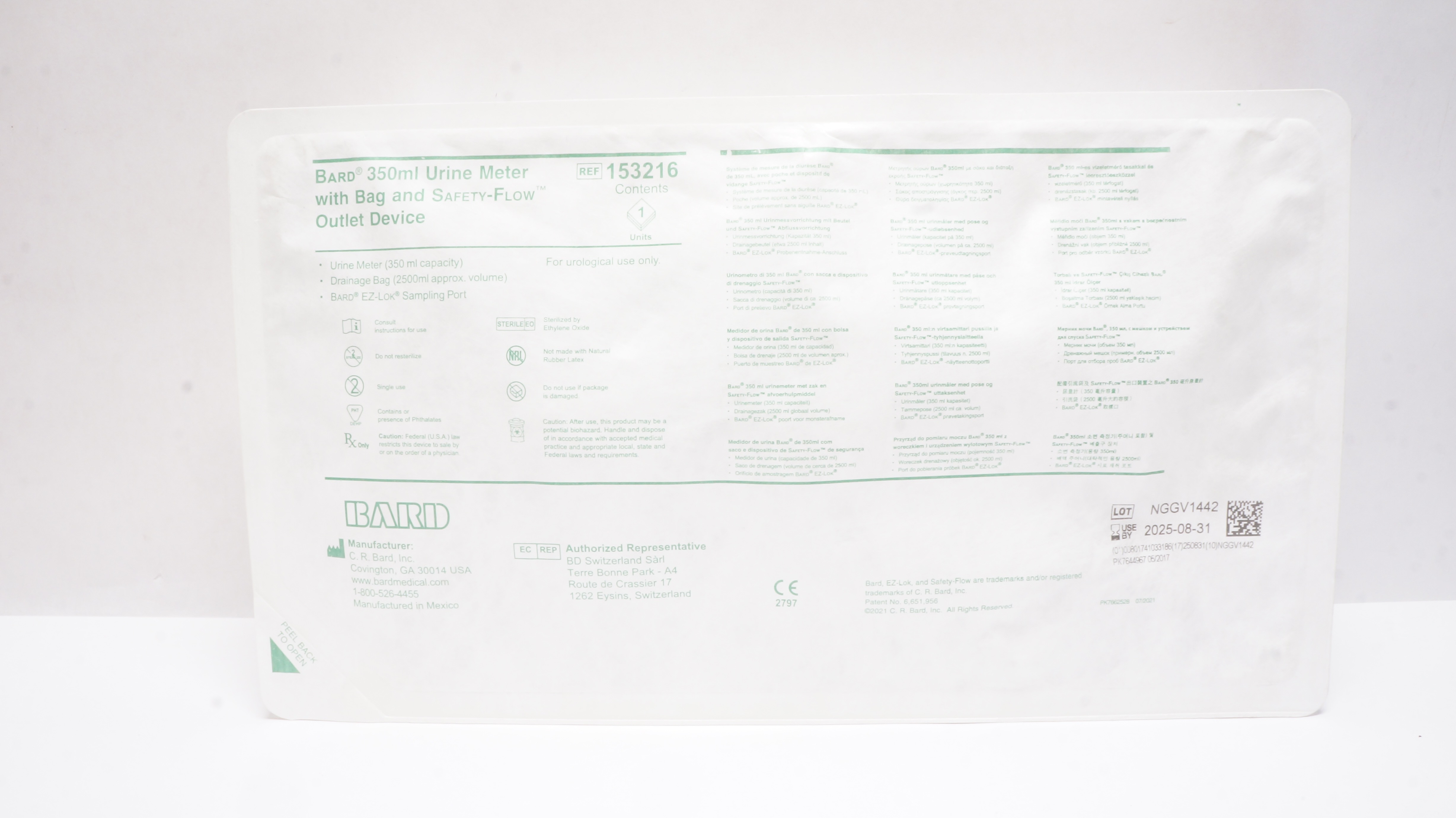 Bard 153216 Urine Meter With Bag And Safety-Flow Outlet Device 350 ml