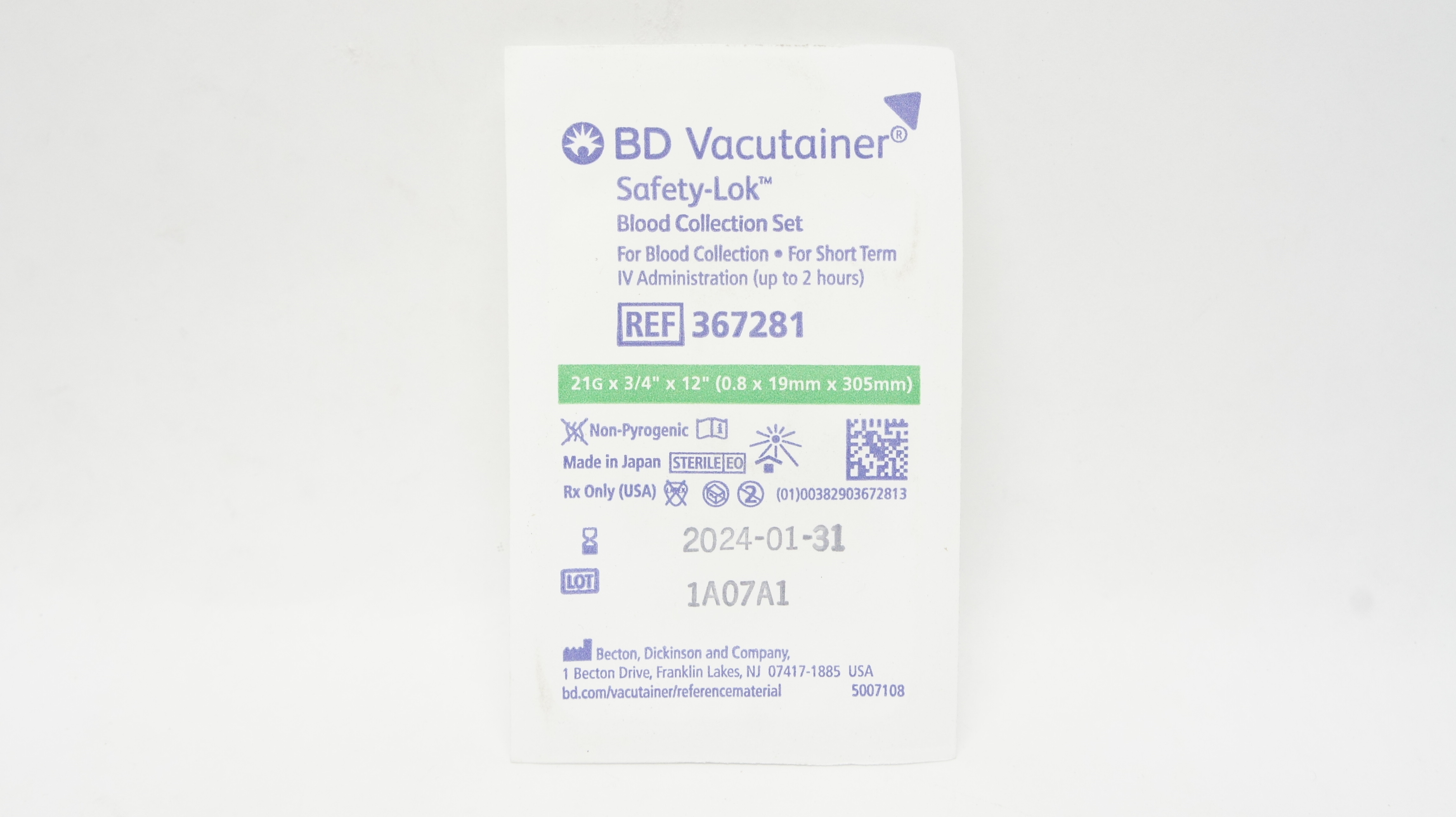 BD 367281 Vacutainer Safety-Lok Blood Collection Set 21G x 3/4inch x 12inch