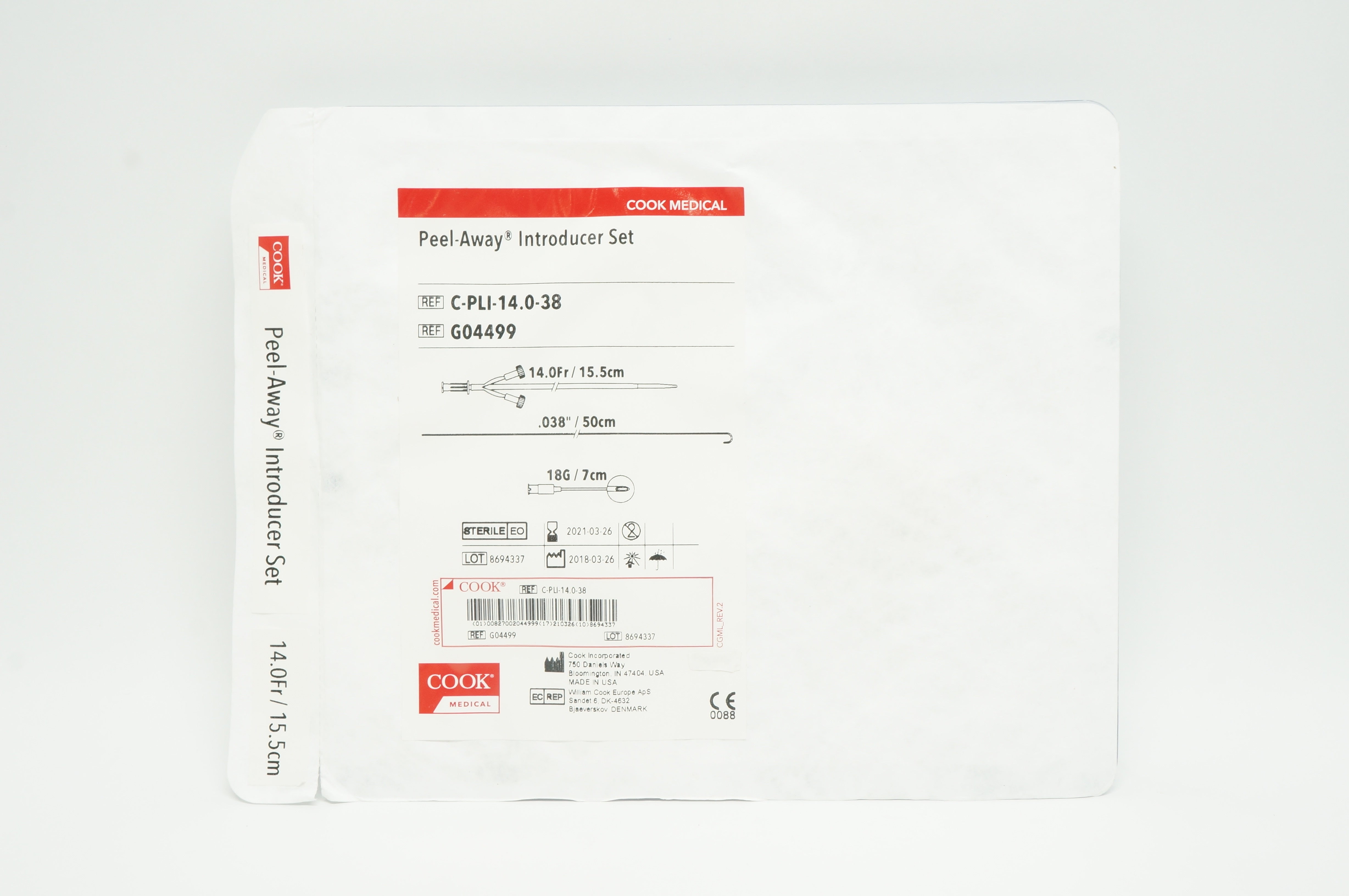 Cook G04499 Peel- Away Introducer Set 14.0Fr./15.5cm, .038in./50cm, 18G/7cm (x)