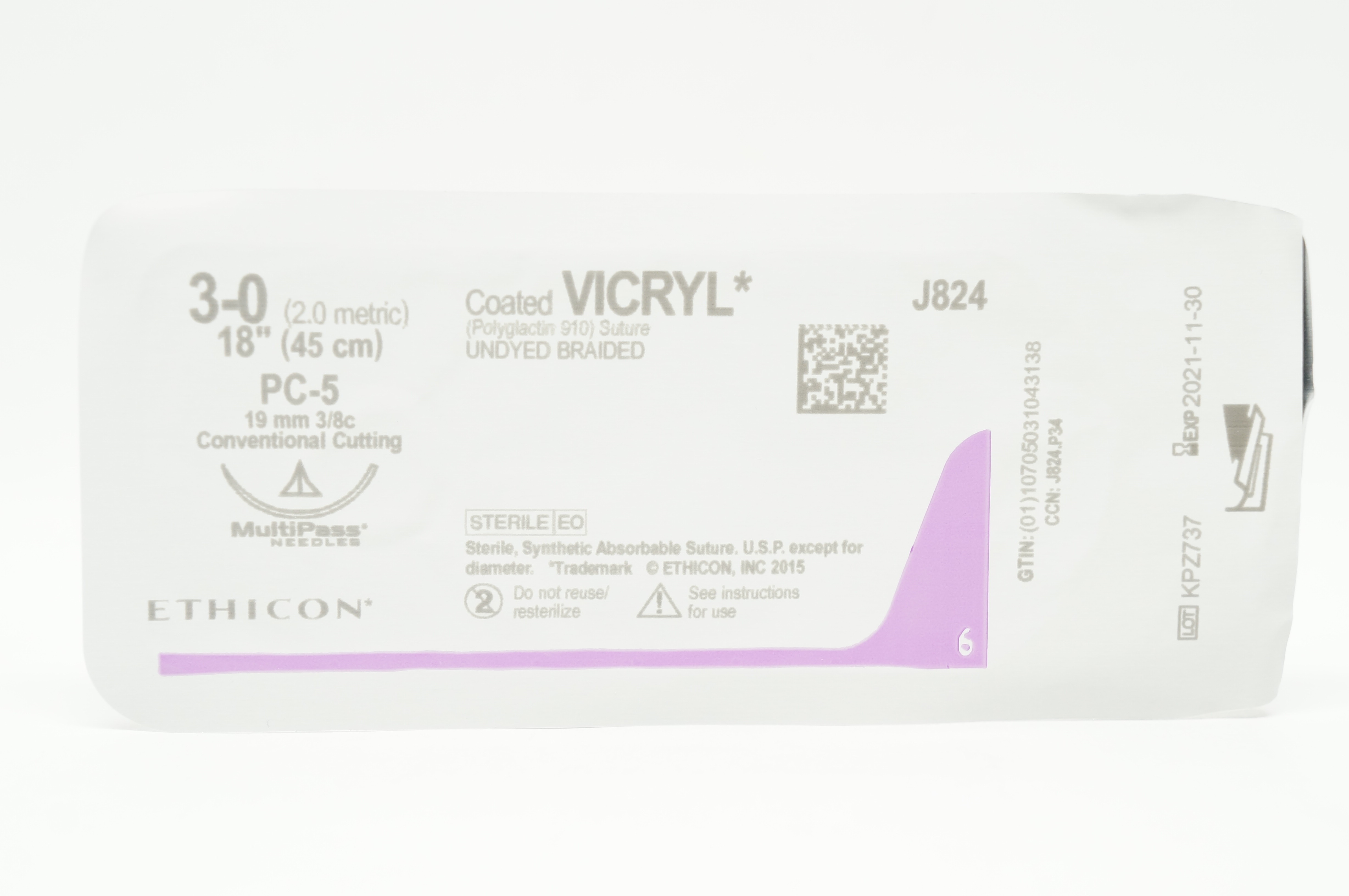 Ethicon J824 3-0 Vicryl PC-5 19mm 3/8c Conventional Cutting, 18inch (x)