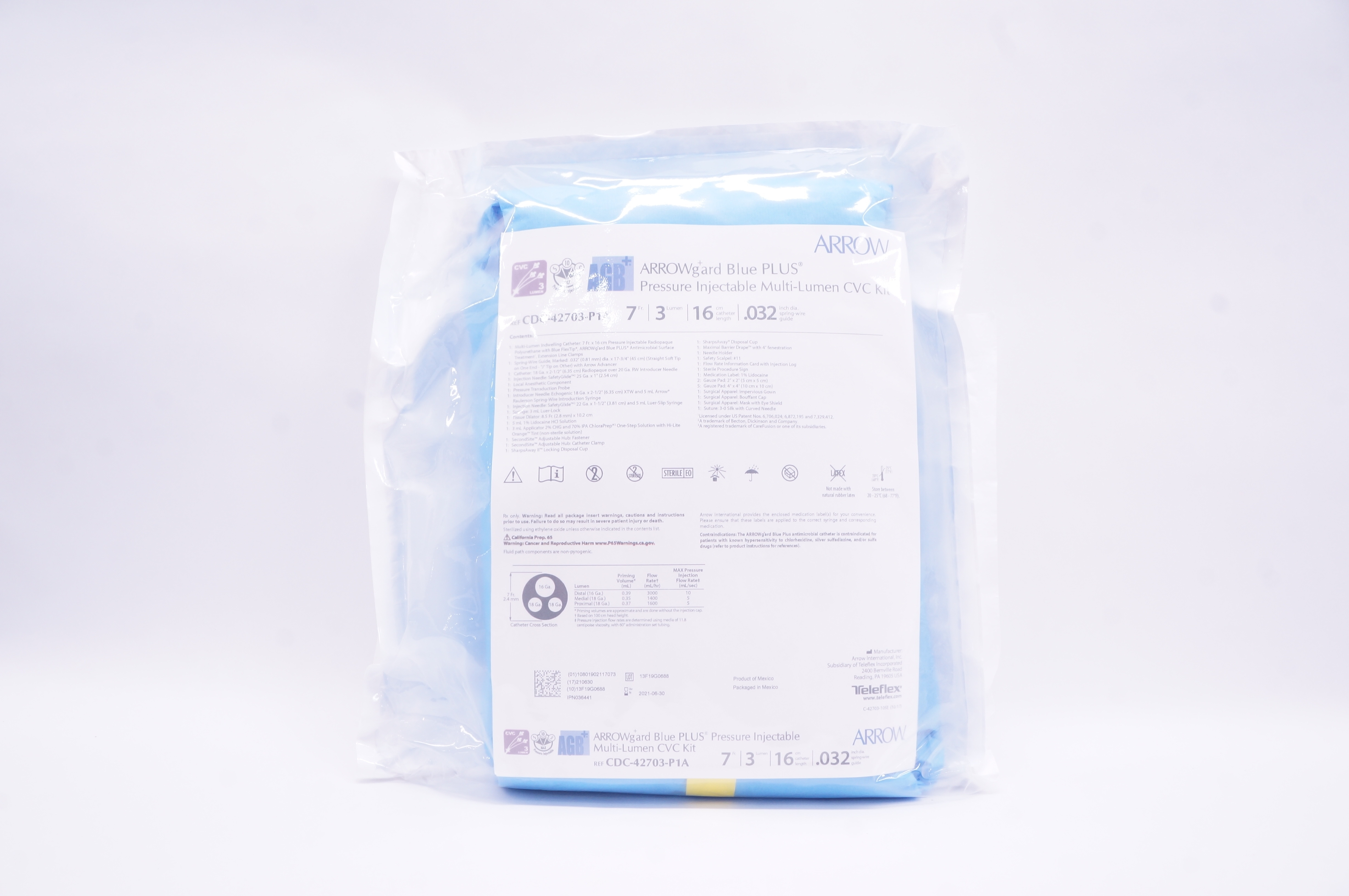 Arrow CDC-42703-P1A Pressure Injectable Multi-Lumen CVC Kit 7Frx16cmx.032inch(x)