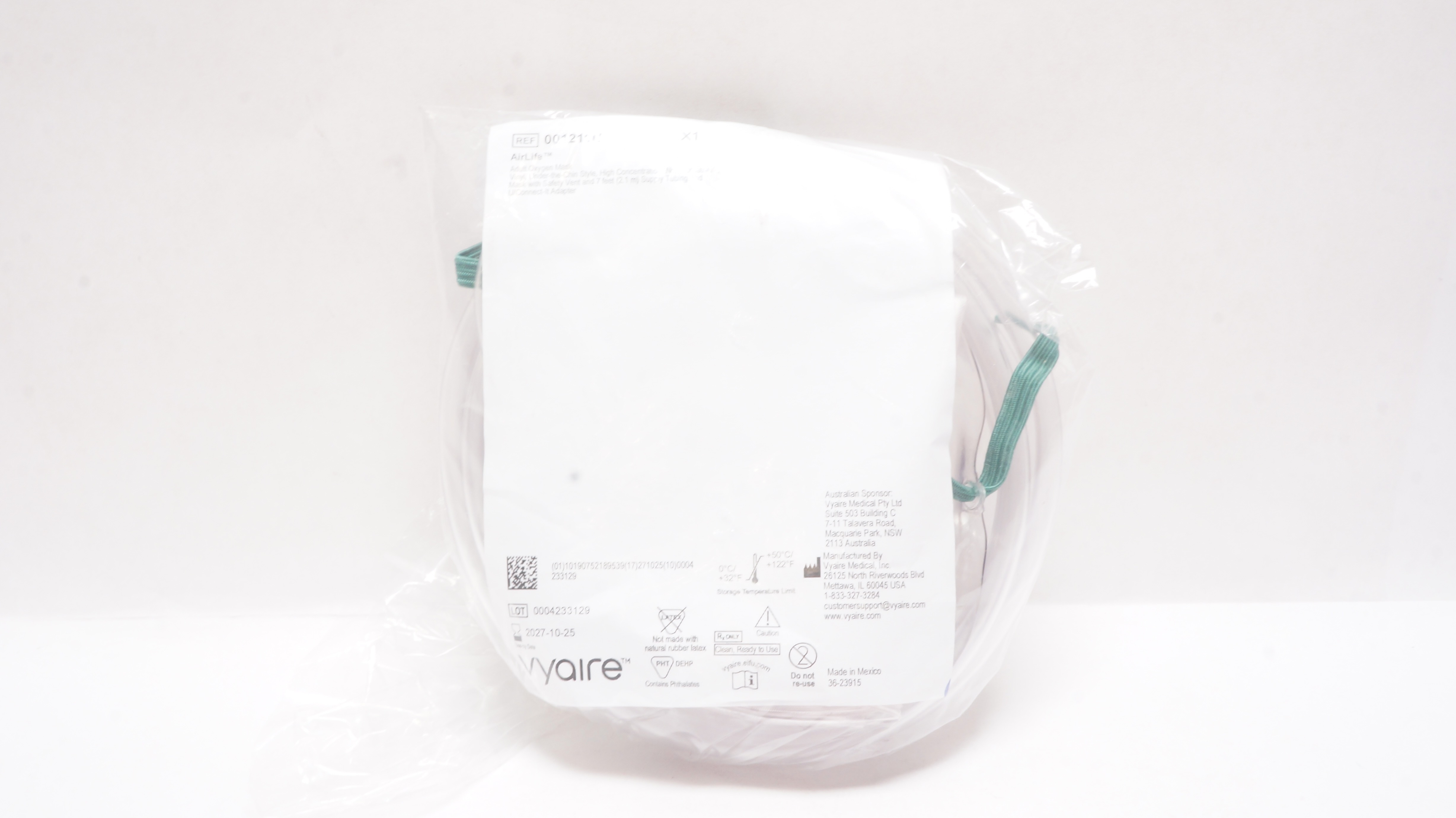 Vyaire 001211U AirLife Adult Oxygen Mask w/7ft. Supply Tubing