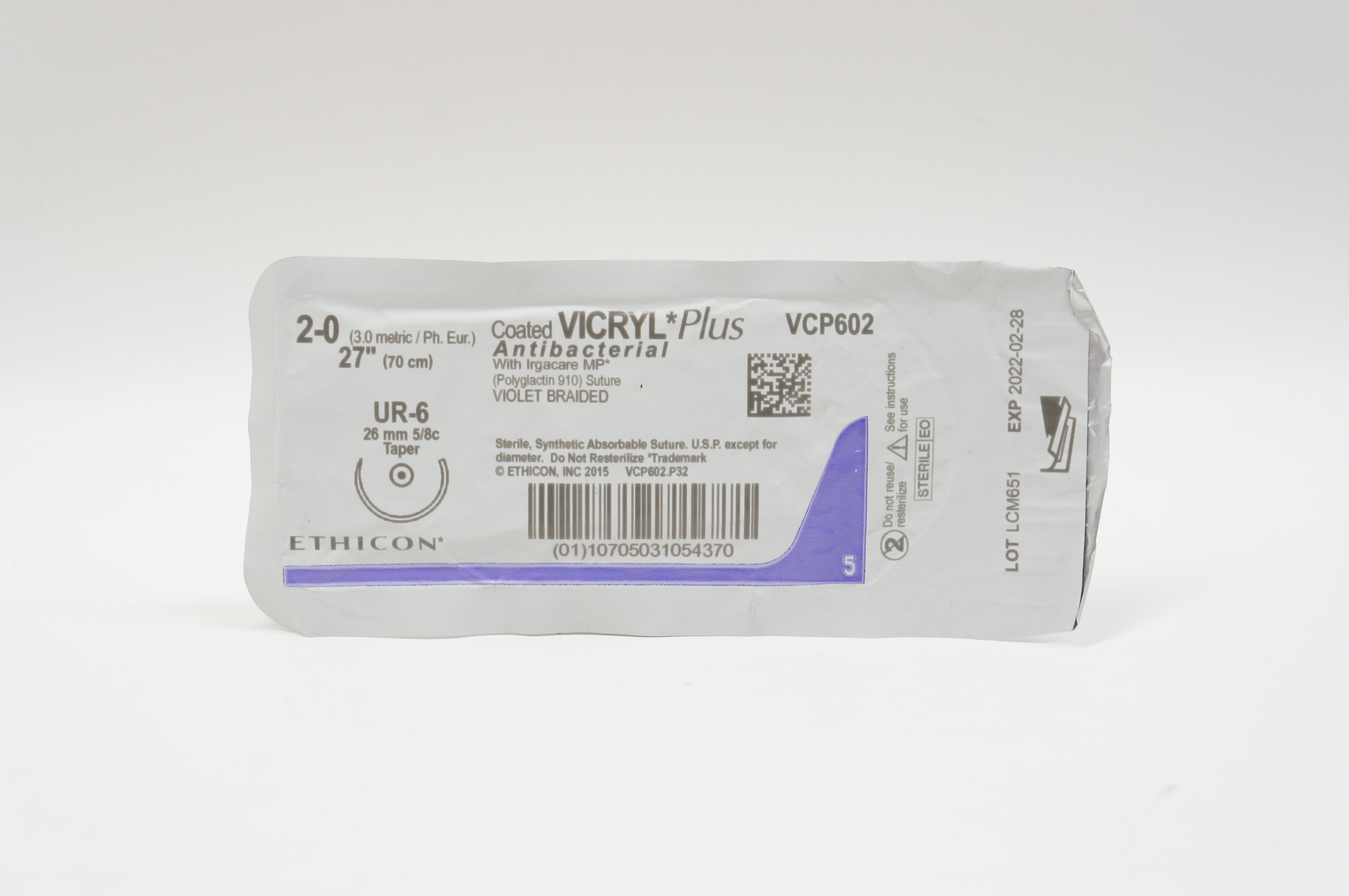 Ethicon VCP602 2-0 VICRYL Plus, UR-6, 26mm 5/8c Taper, 27inch
