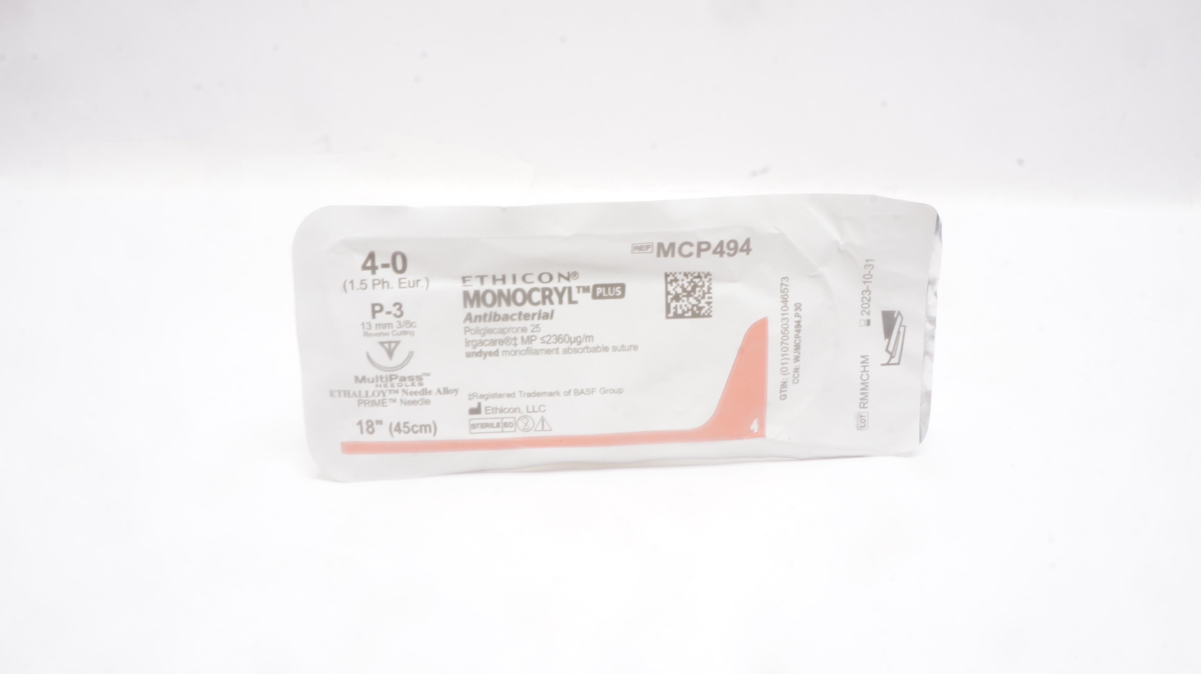 Ethicon MCP494 4-0 MONOCRYL Plus Stre P-3 13mm 3/8c Reverse Cutting, 18inch (x)