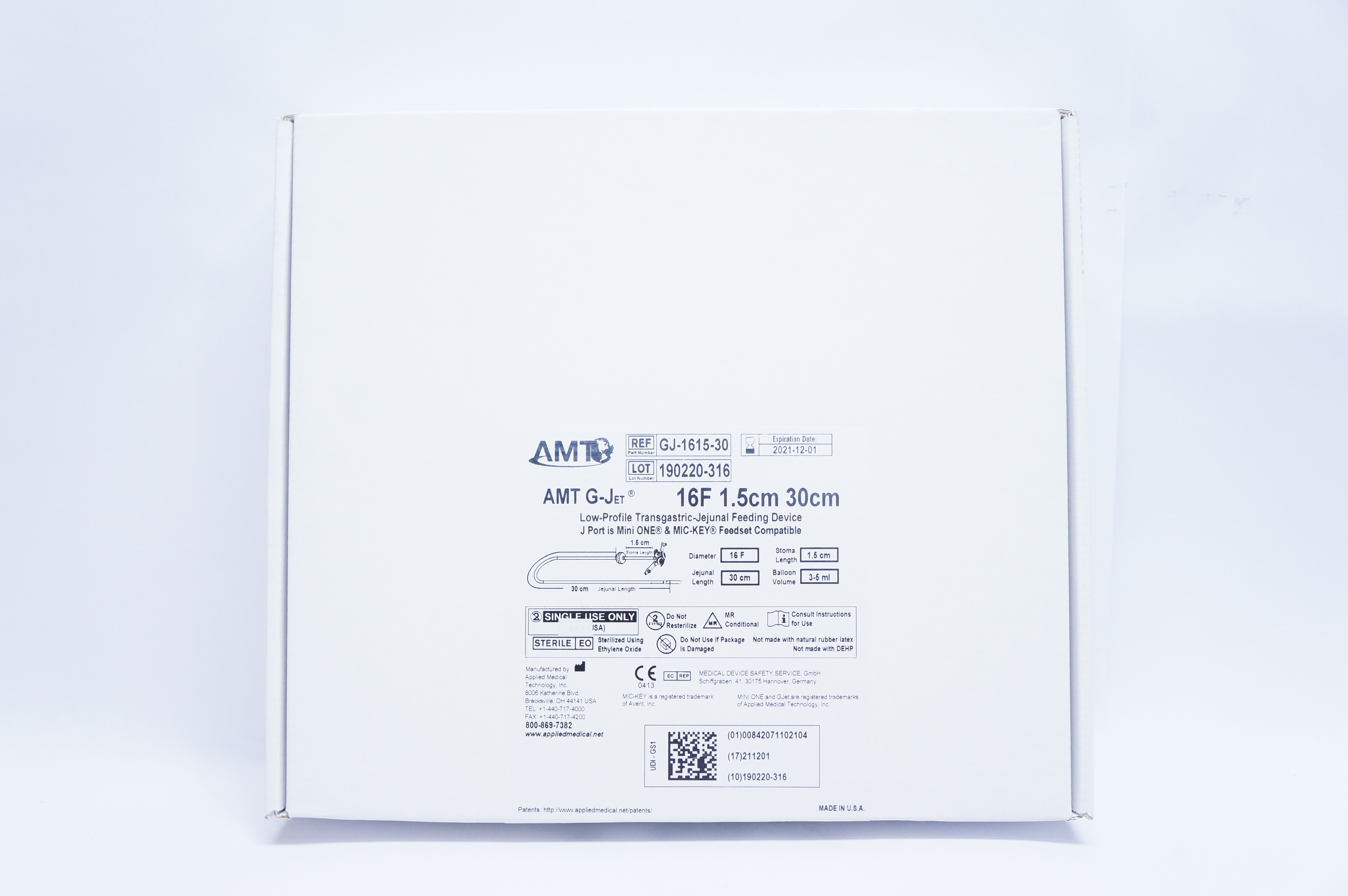 AMT GJ-1615-30 G-JET Low Profile Gastric-Jejunal Enteral Feeding Tube 16F x 30cm