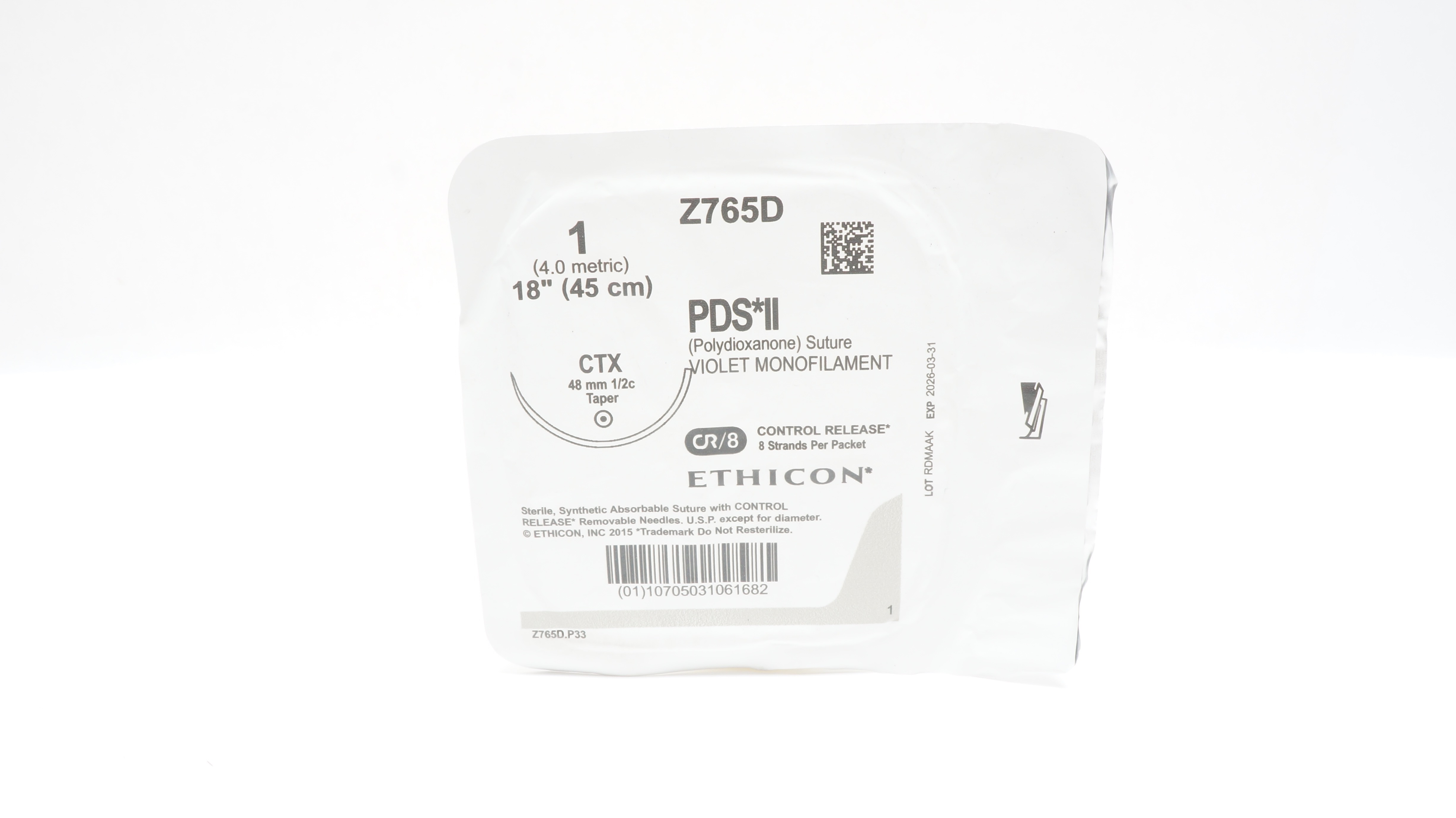 Ethicon Z765D 1 PDS II Polydioxane Stre CTX 48mm 1/2c Taper, 18 inch