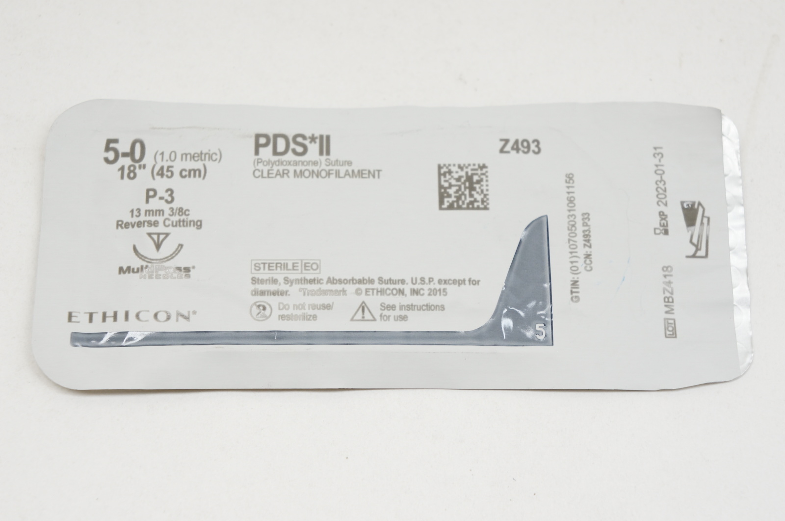 Ethicon Z493 5-0 PDS II, P-3, 13mm 3/8c Reverse Cutting, 18inch
