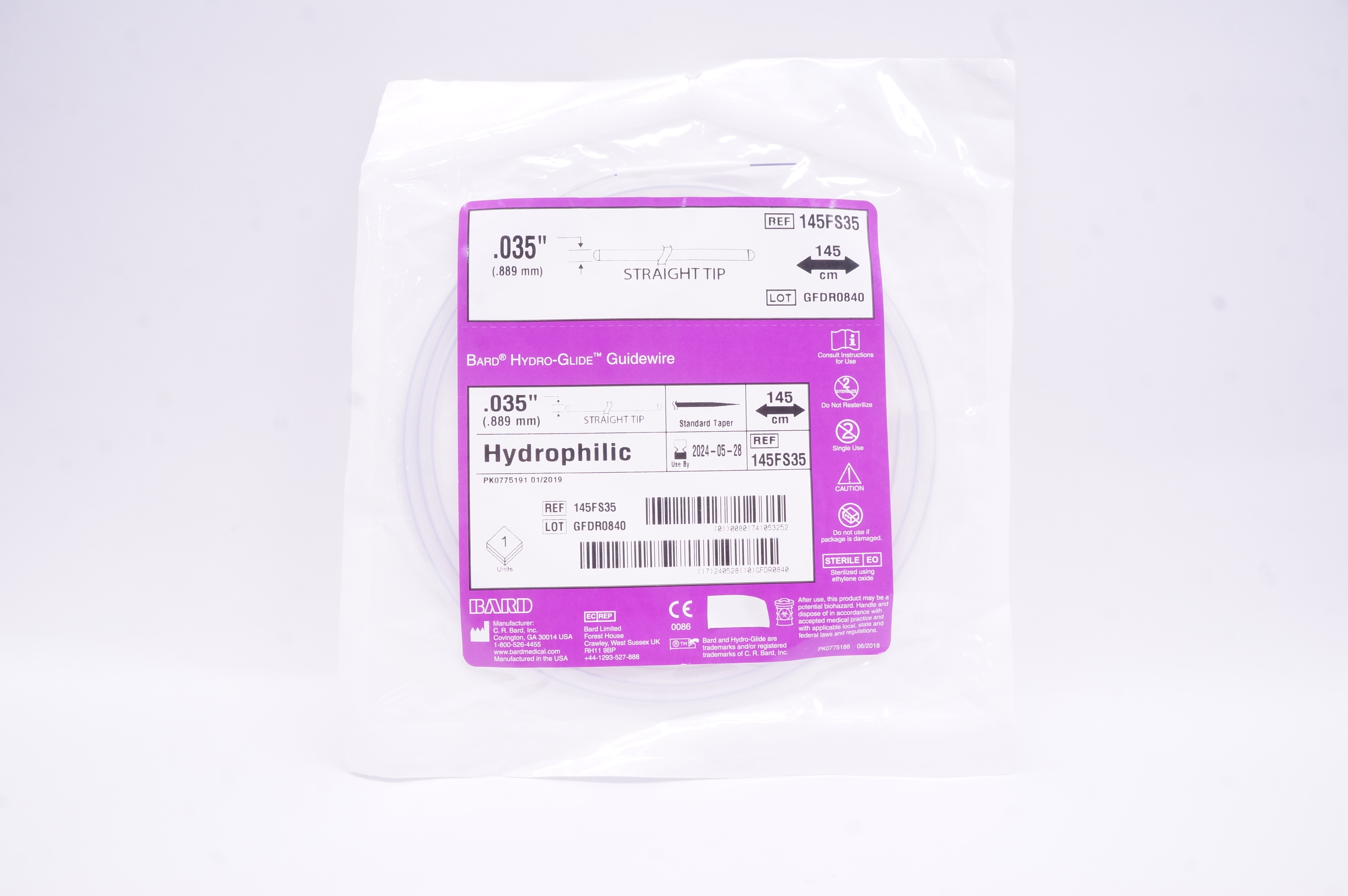 Bard 145FS35 Hydro-Guide Guidewire, Hydrophilic, Straight Tip .035inch x 145cm