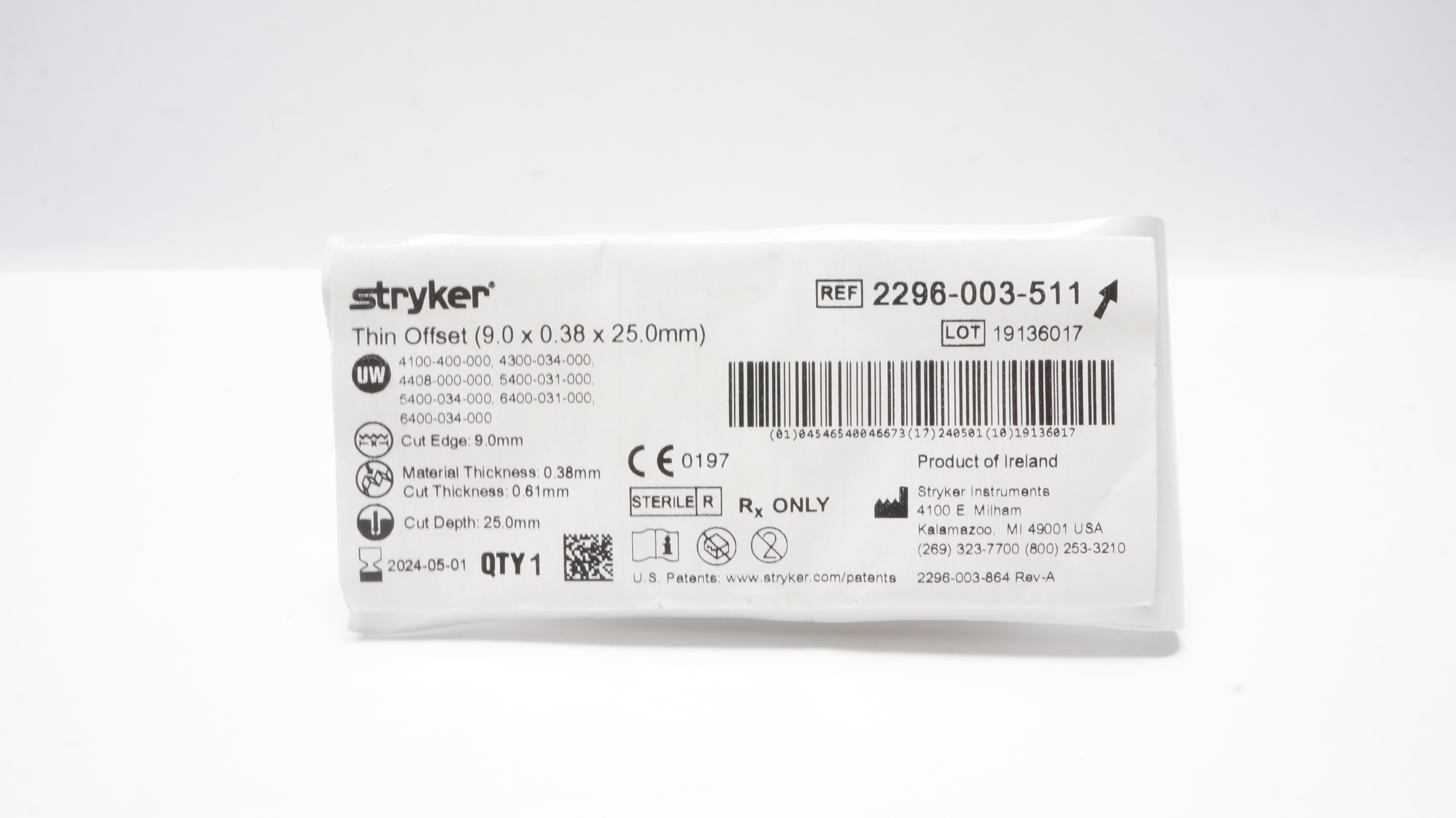 Stryker 2296-003-511 Thin Offset Blade 9.0 x 0.38 x 25.0mm (x)