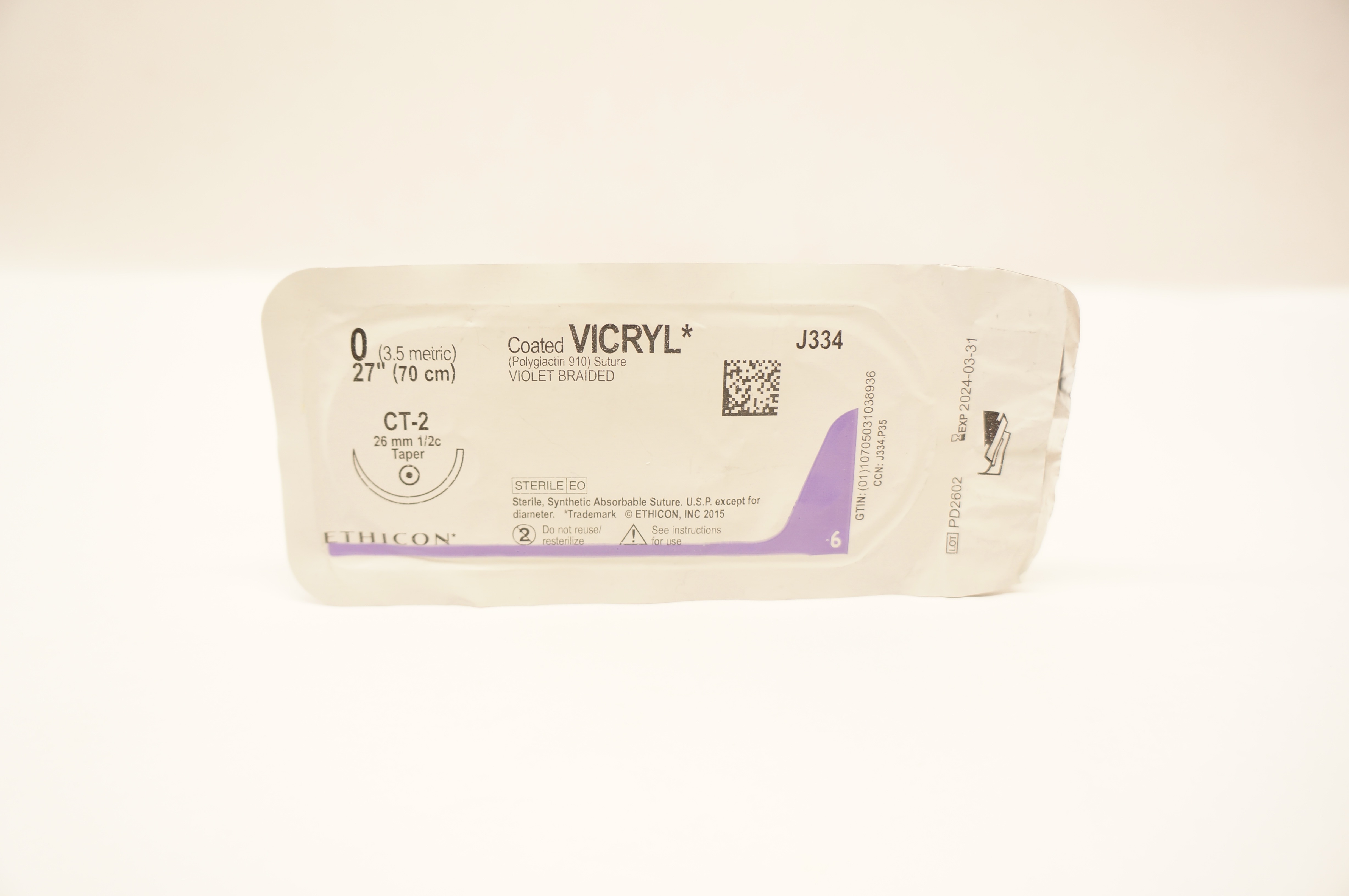Ethicon J334 0 Coated VICRYL Polyglactin 910 Stre CT-2, 26mm 1/2c Taper, 27inch