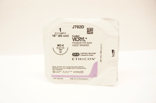 Ethicon J702D 1 Coated Vicryl Polyglactin Stre MO-4 36mm 1/2c Taper, 18inch