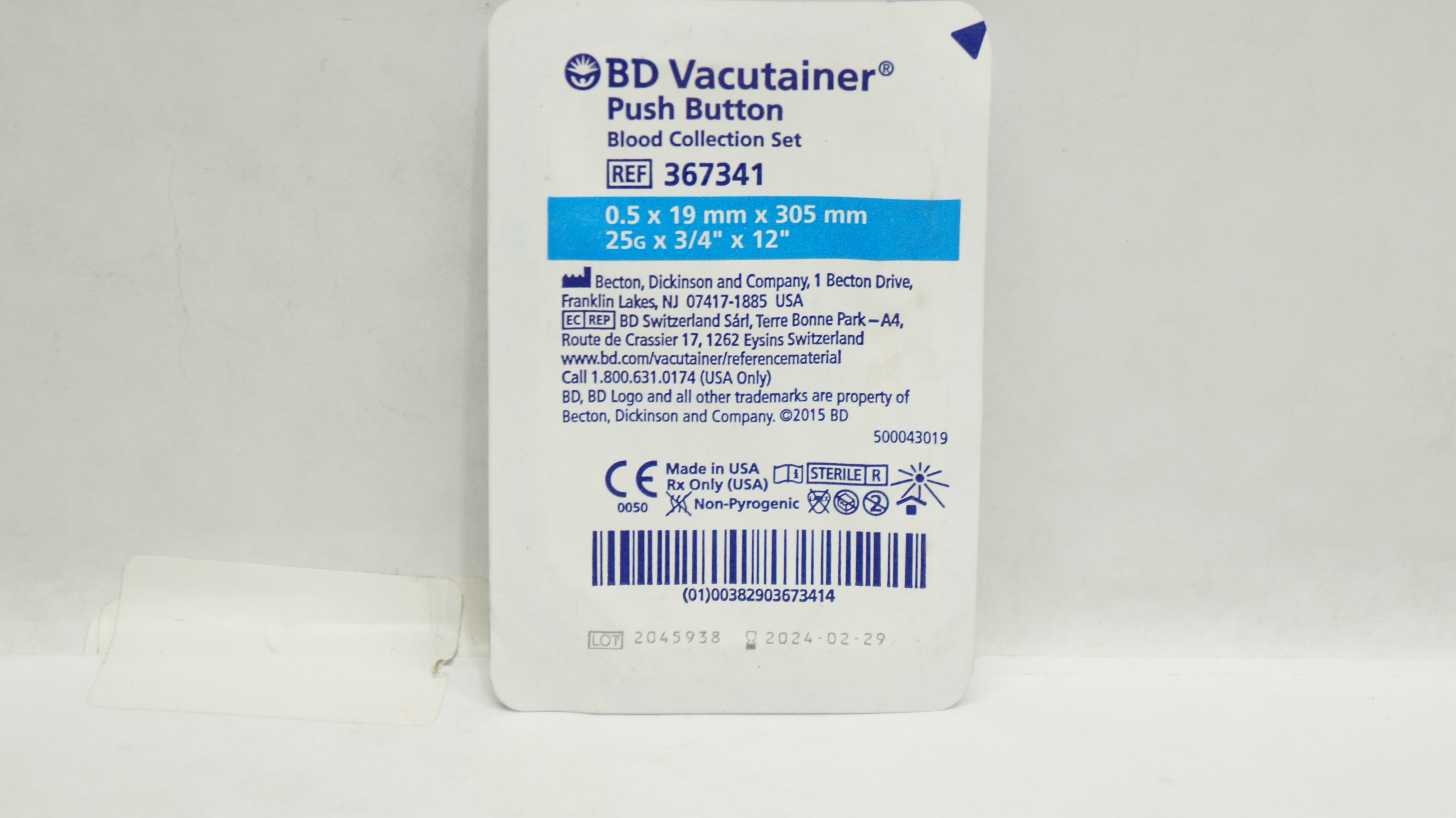BD 367341 Vacutainer Push Button Blood Collection Set 25G x 3/4inch x 12inch