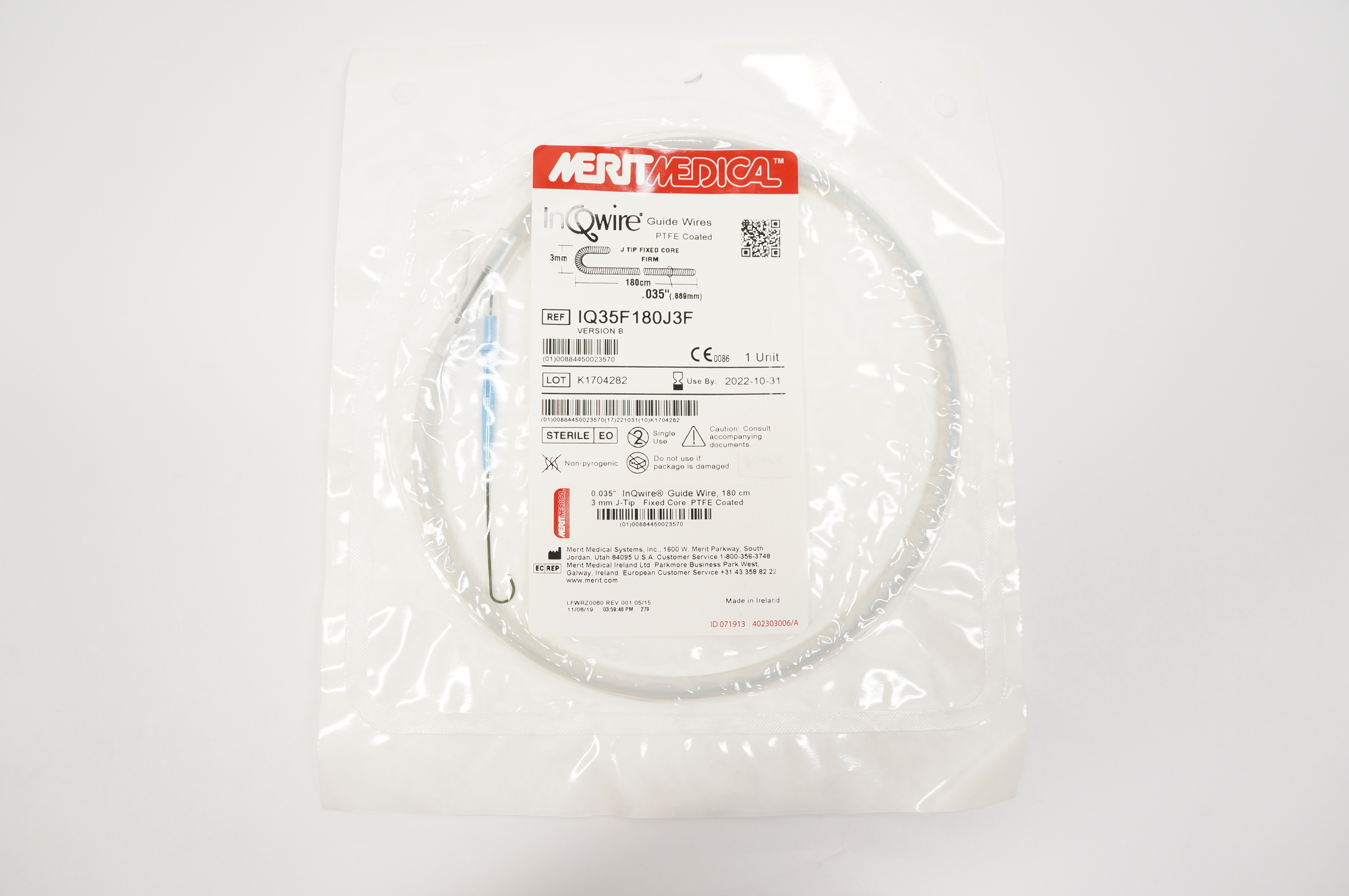 Merit Medical IQ35F180J3F InQwire Guide Wires PTFE Coated 3mm x 0.035in. x 180cm
