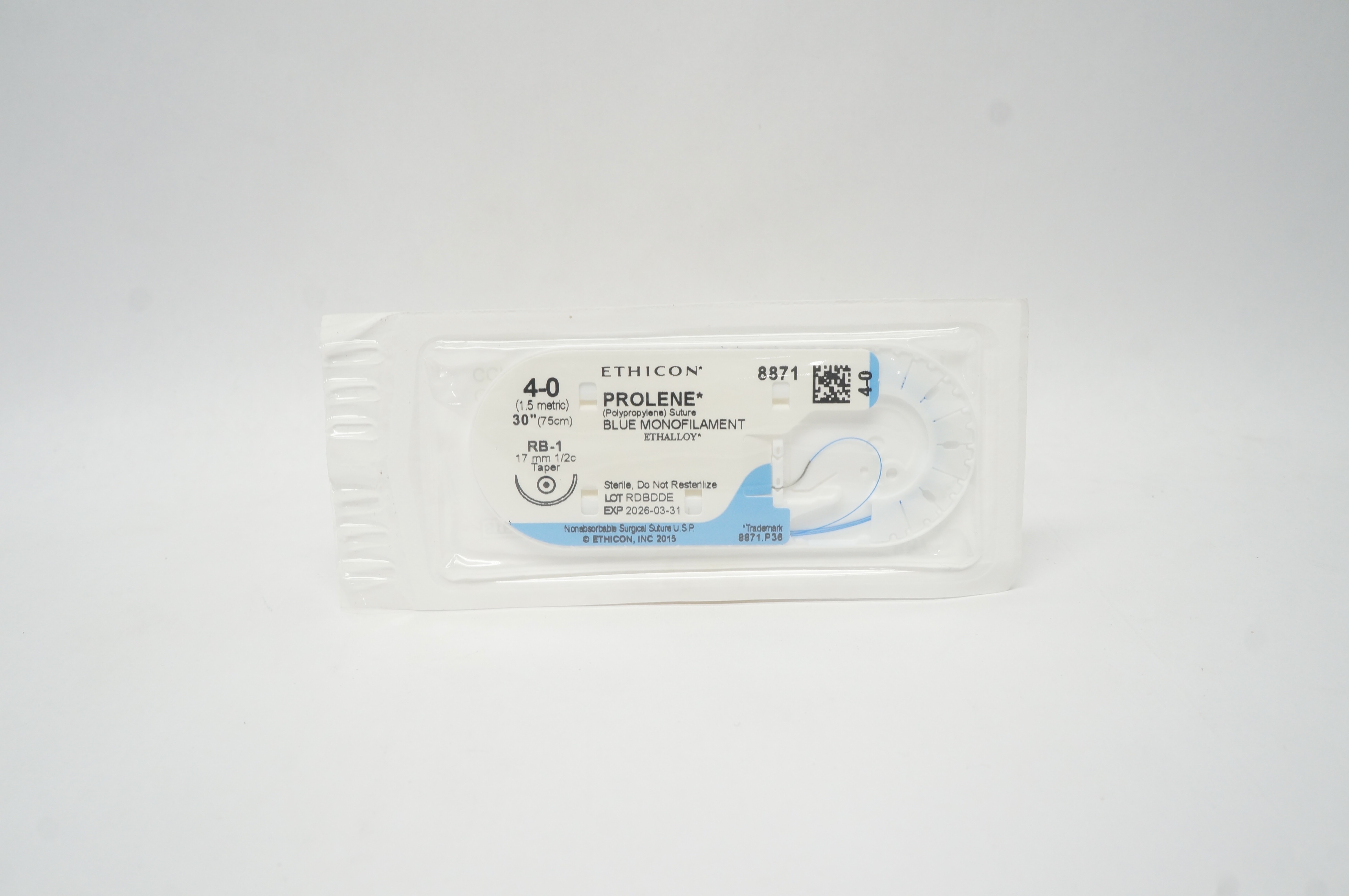 Ethicon 8871 4-0 PROLENE Polypropylene Stre RB-1 17mm 1/2c Taper, 30inch