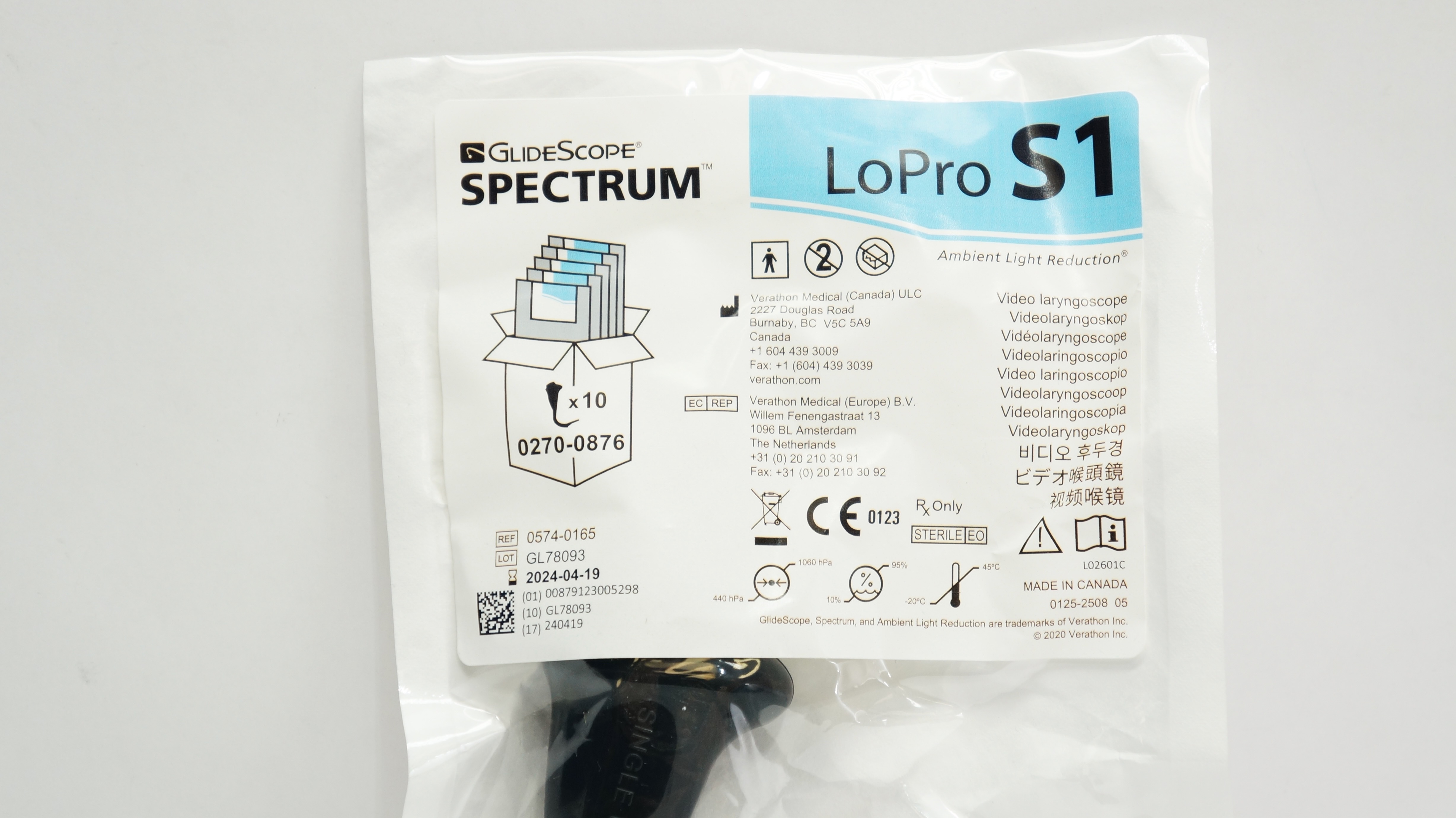 Verathon Medical 0574-0165 GlideScope Video Laryngoscope LoPro S1 1.5 - 3.8kg(x)