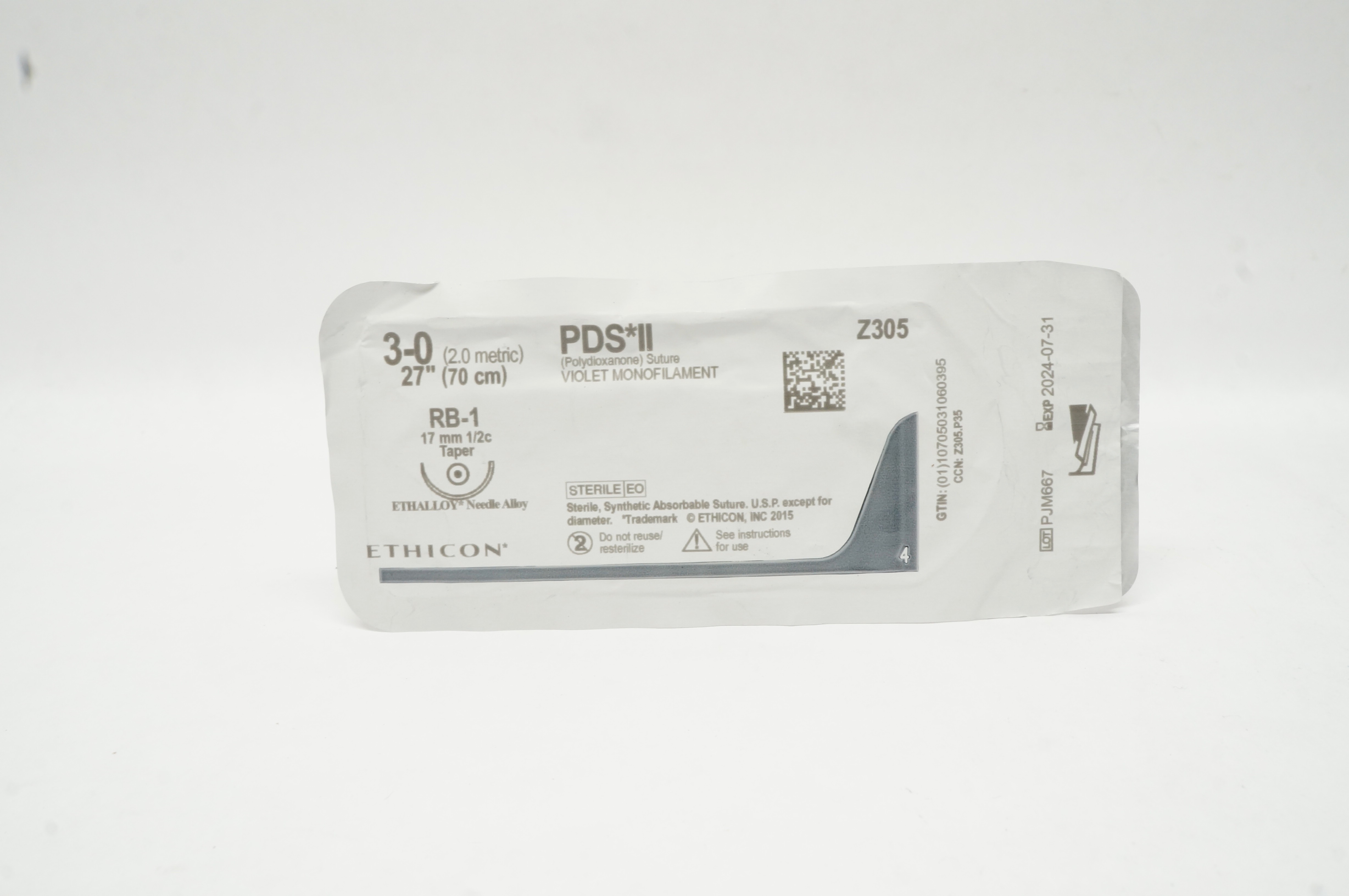 Ethicon Z305 3-0 PDS II Polydioxanone Stre RB-1 17mm 1/2c Taper 27inch