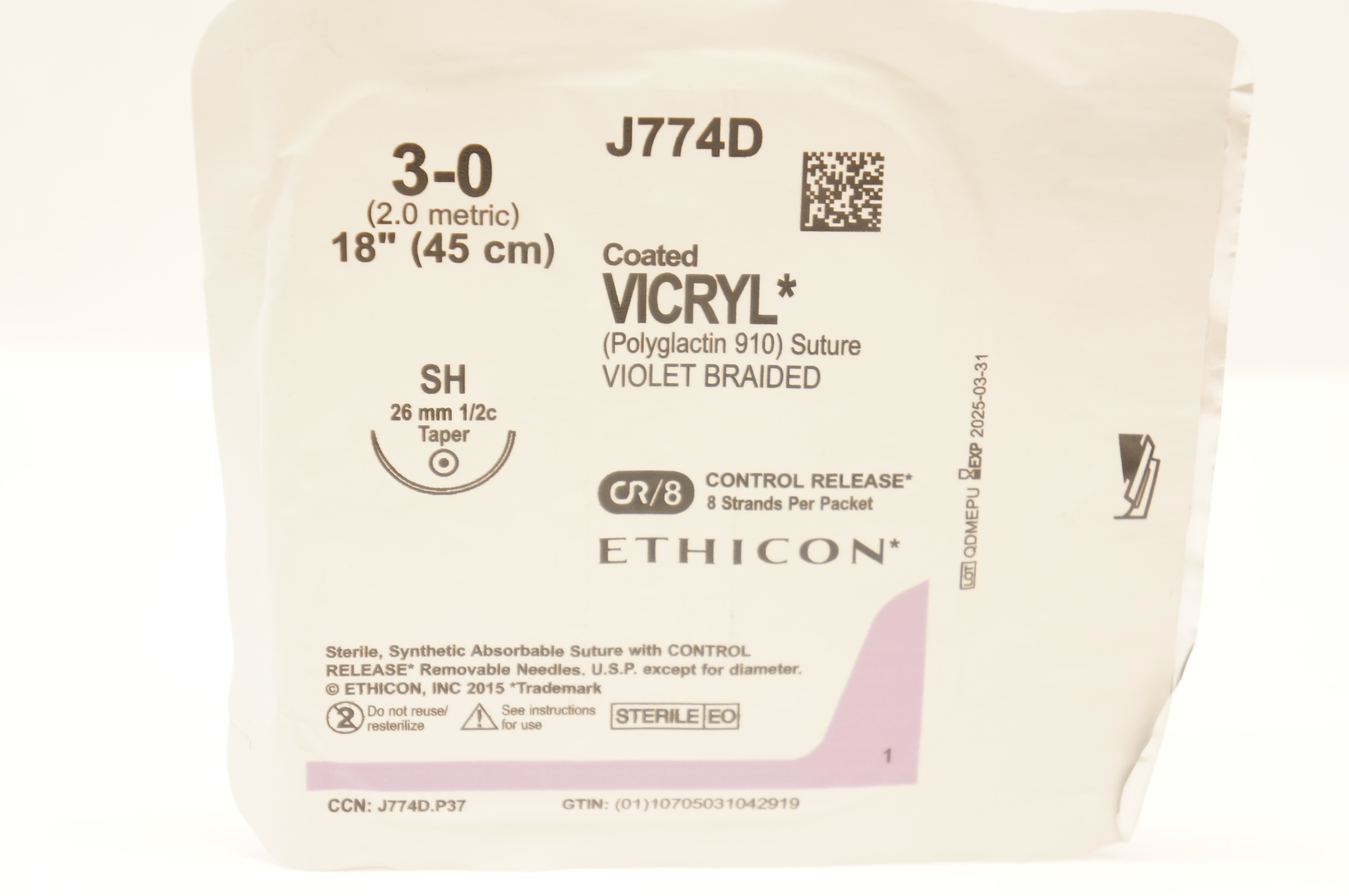 Ethicon J774D 3-0 Coated VICRYL Stre Violet Braided SH 26mm 1/2c Taper, 18inch
