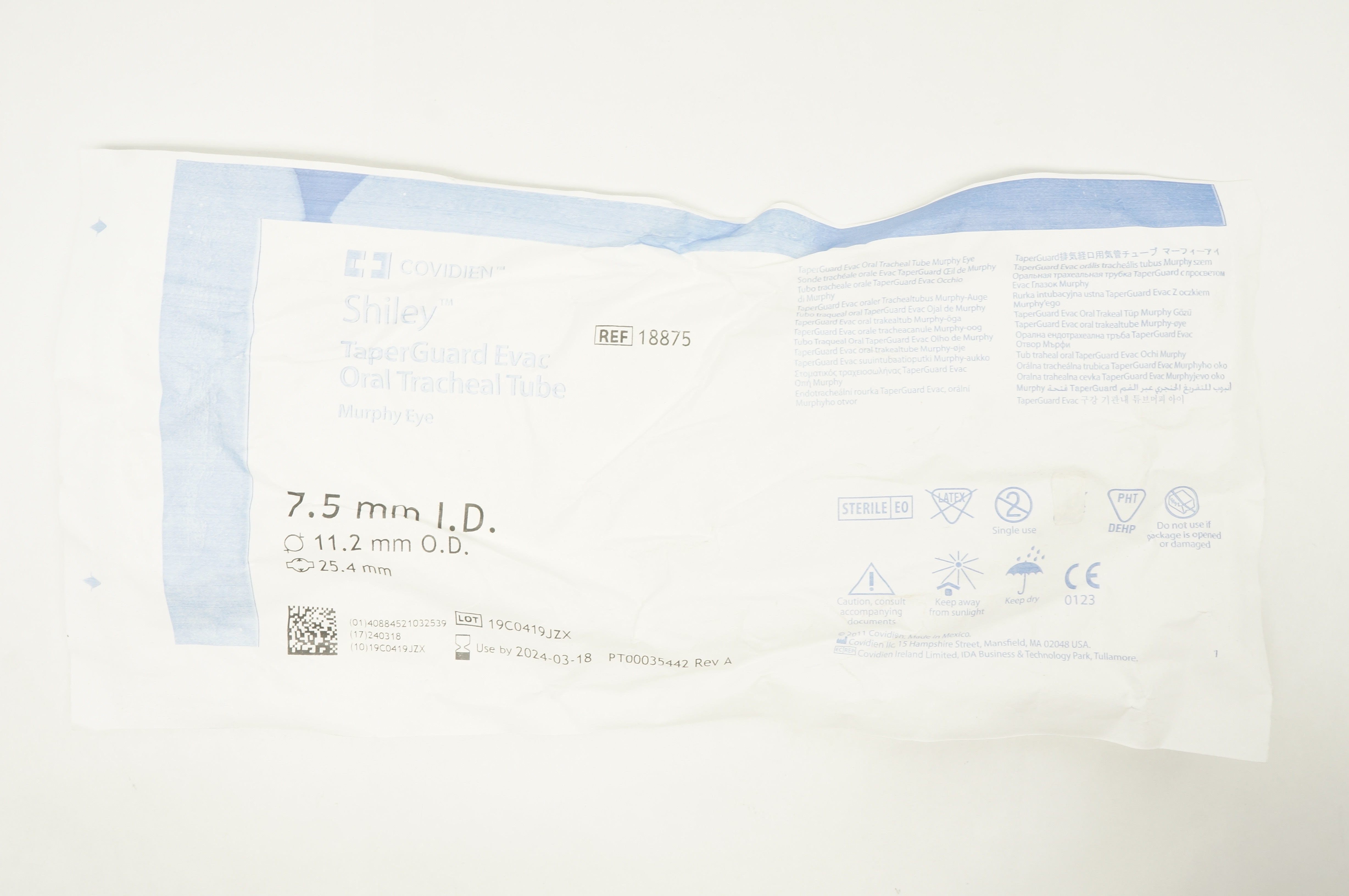 Covidien 18875 Shiley TaperGuard Evac Oral Tracheal Tube 7.5mm ID 11.2mm OD