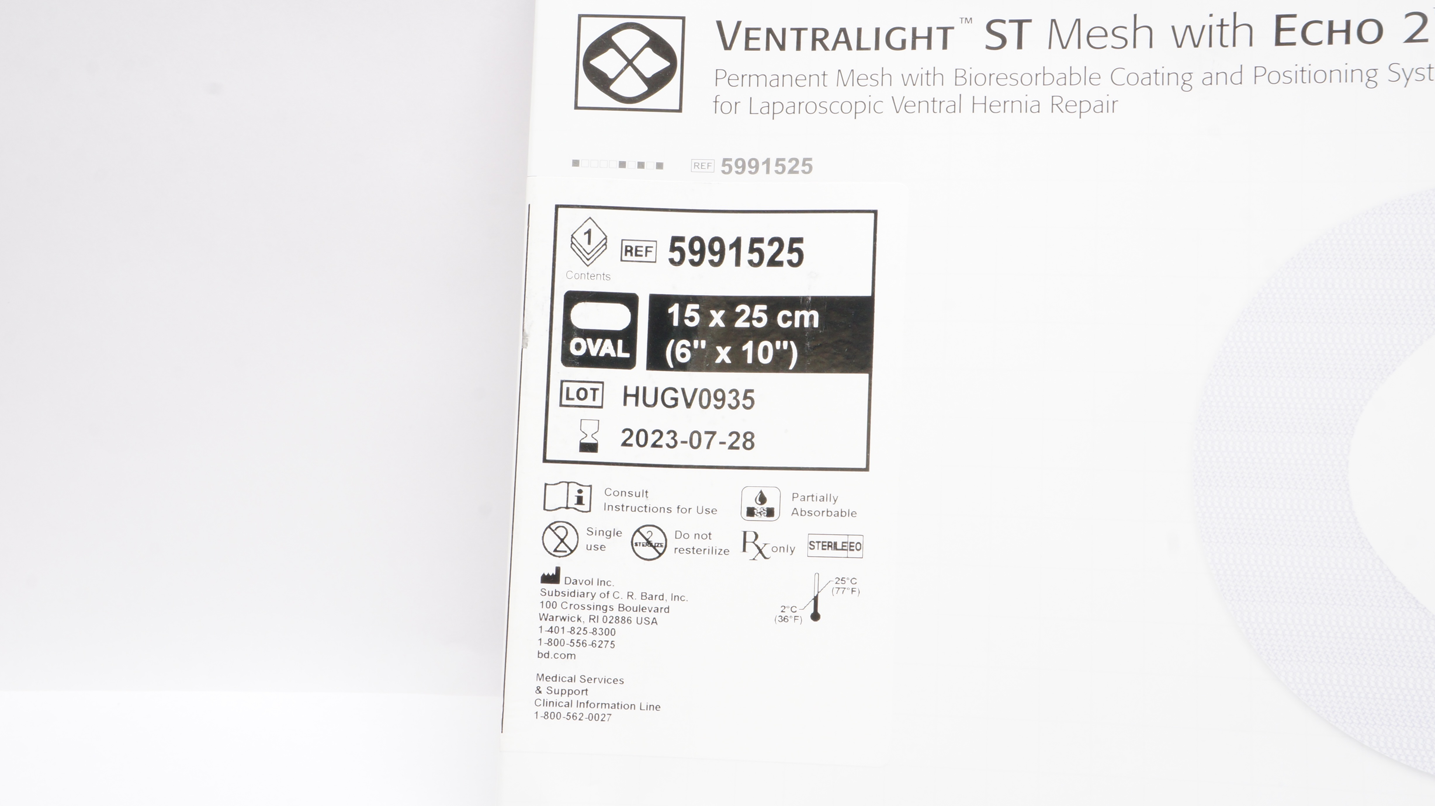 Bard 5991525 Davol Ventralight ST Mesh W/Echo 2 Positioning System 6 x 10inch(x)
