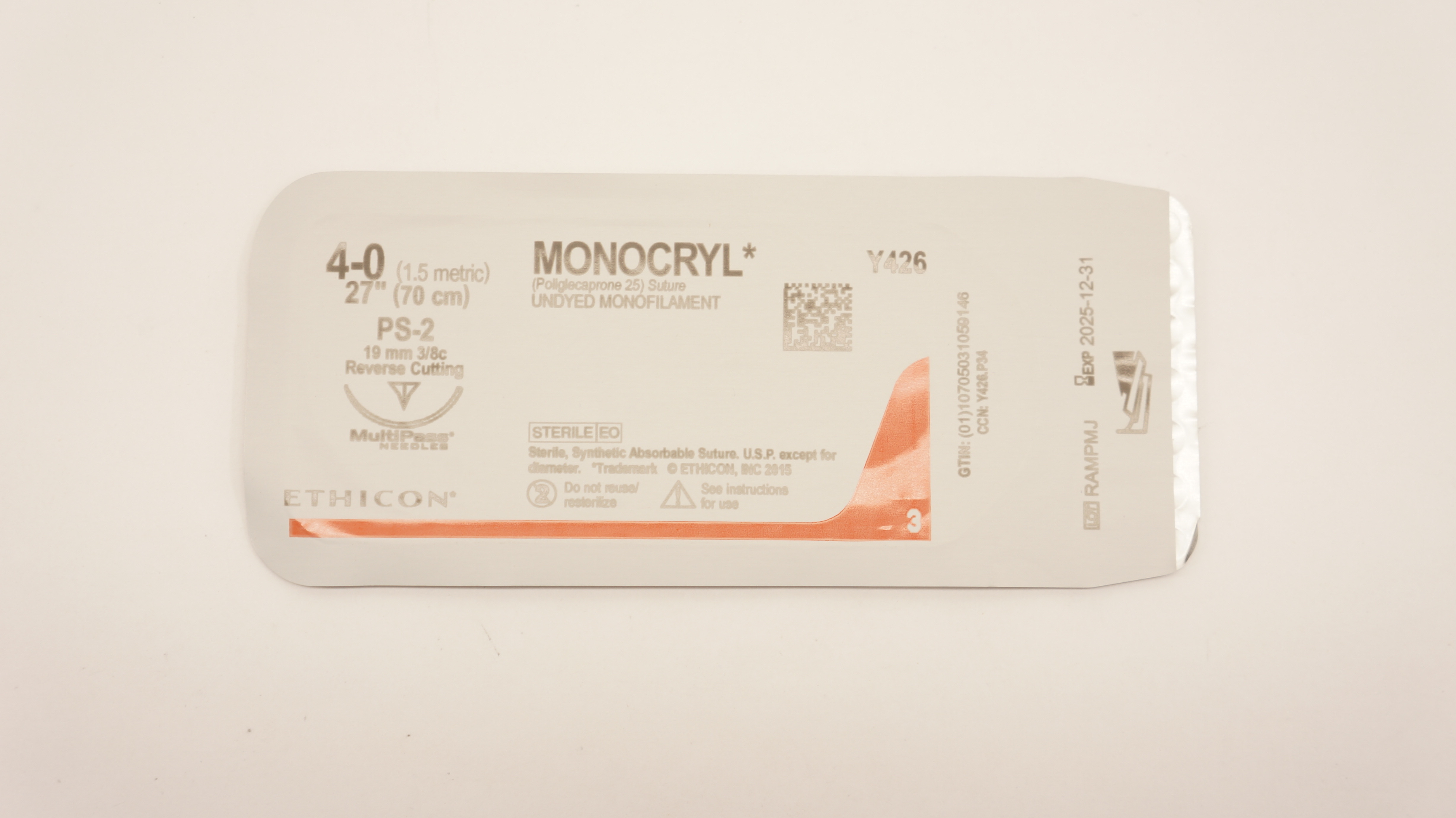 Ethicon Y426 4-0 MONOCRYL Undyed S-2 19mm 3/8c Reverse Cutting, 27inch