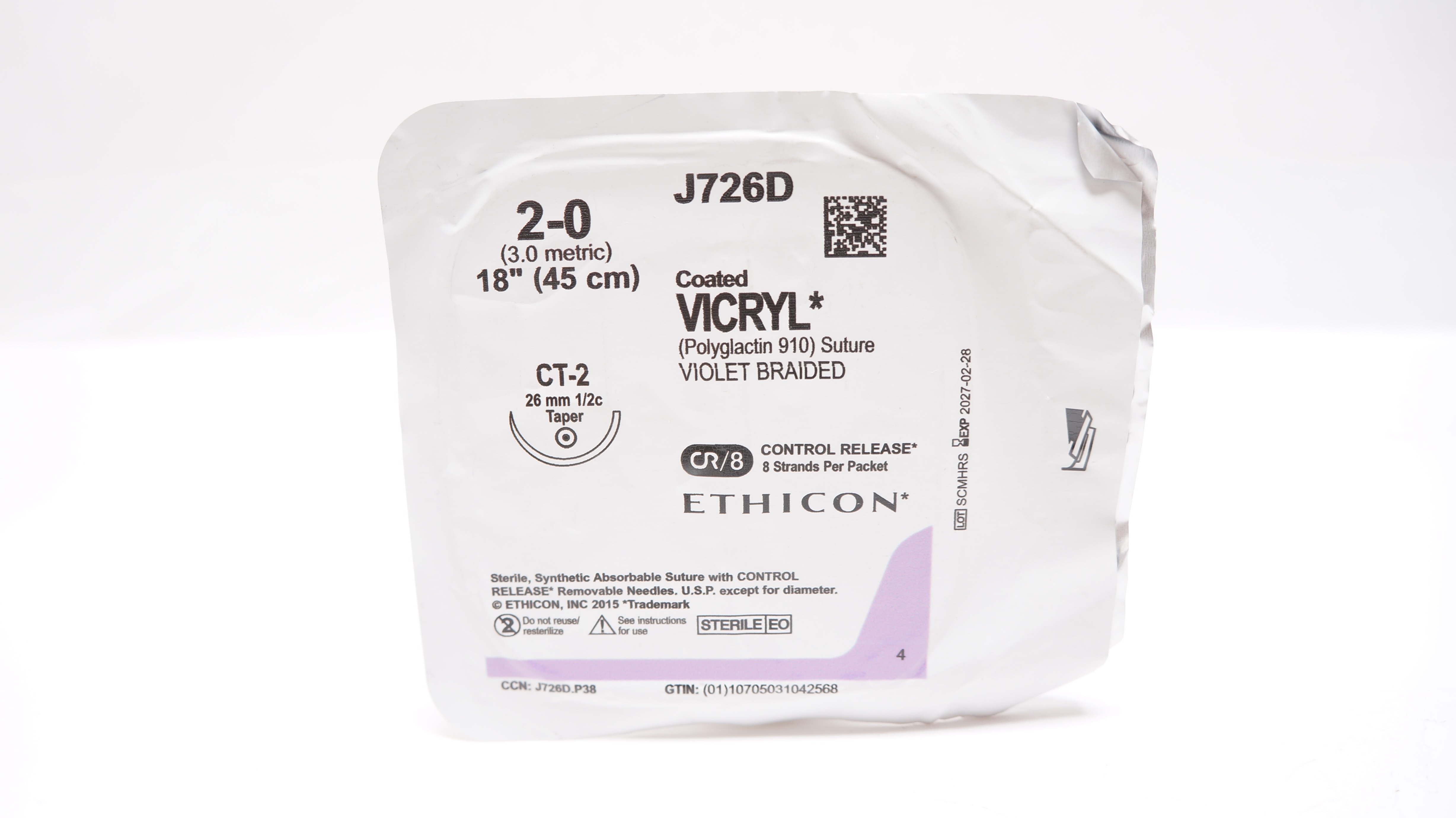 Ethicon J726D 2-0 Coated VICRYL Stre CT-2 26mm 1/2c Taper, 18inch