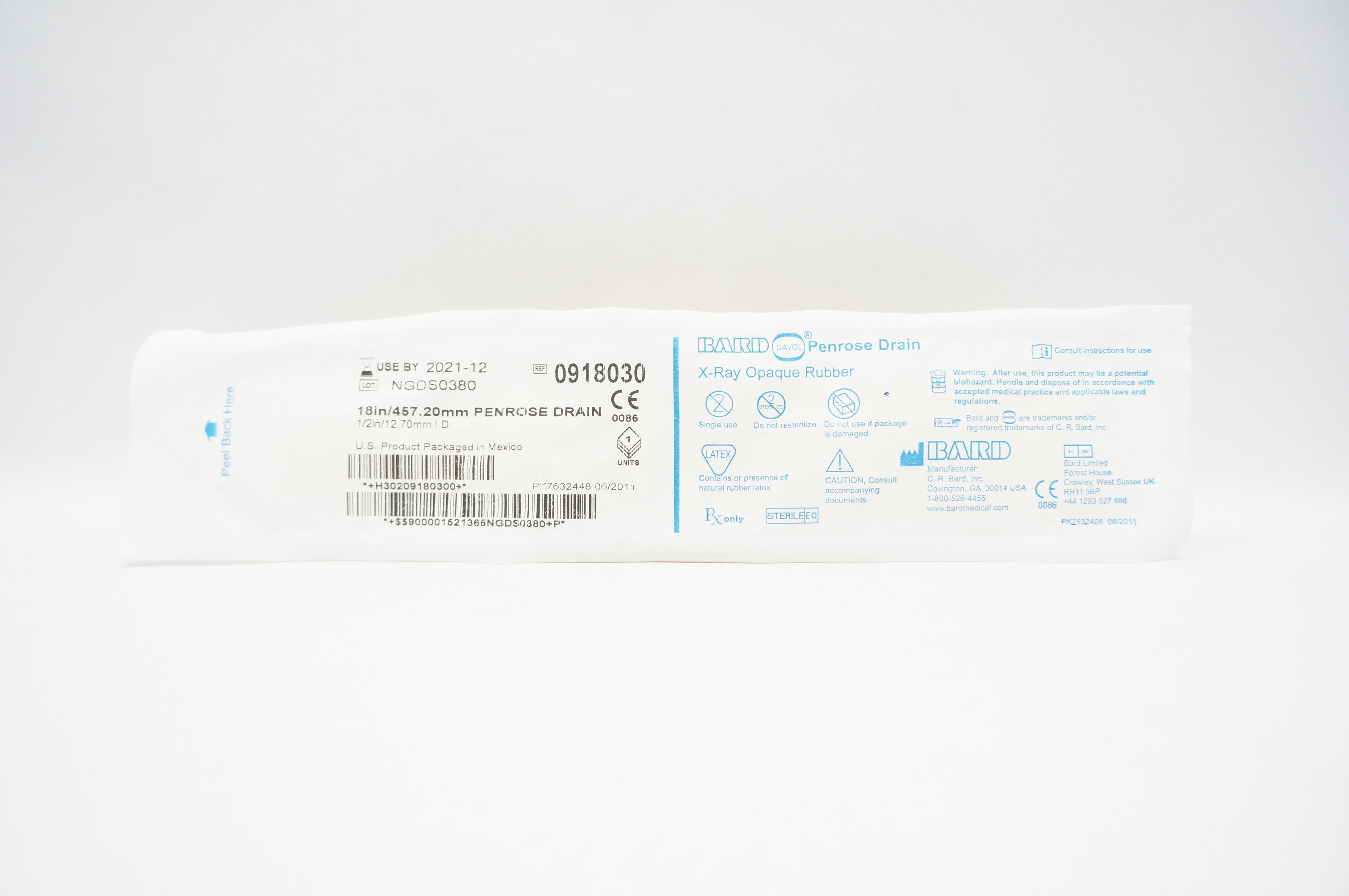 Bard 0918030 Davol Penrose Drain X-Ray Opaque Rubber 1/2 ID x 18inch (x)