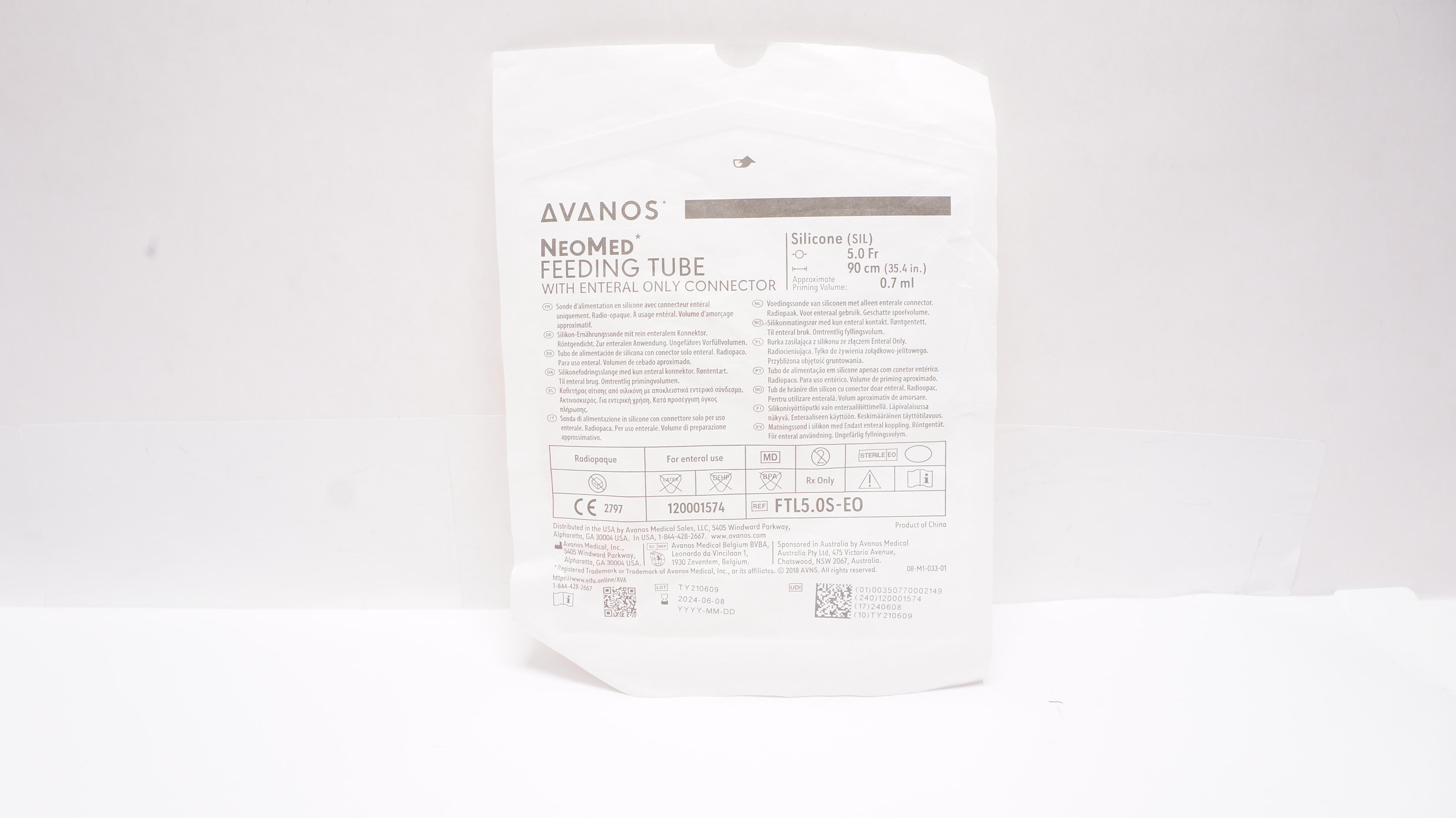 Avanos FTL5.0S-EO NeoMed Radiopaque Silicone Enteral Feeding Tube 5.0Fr x 90cm