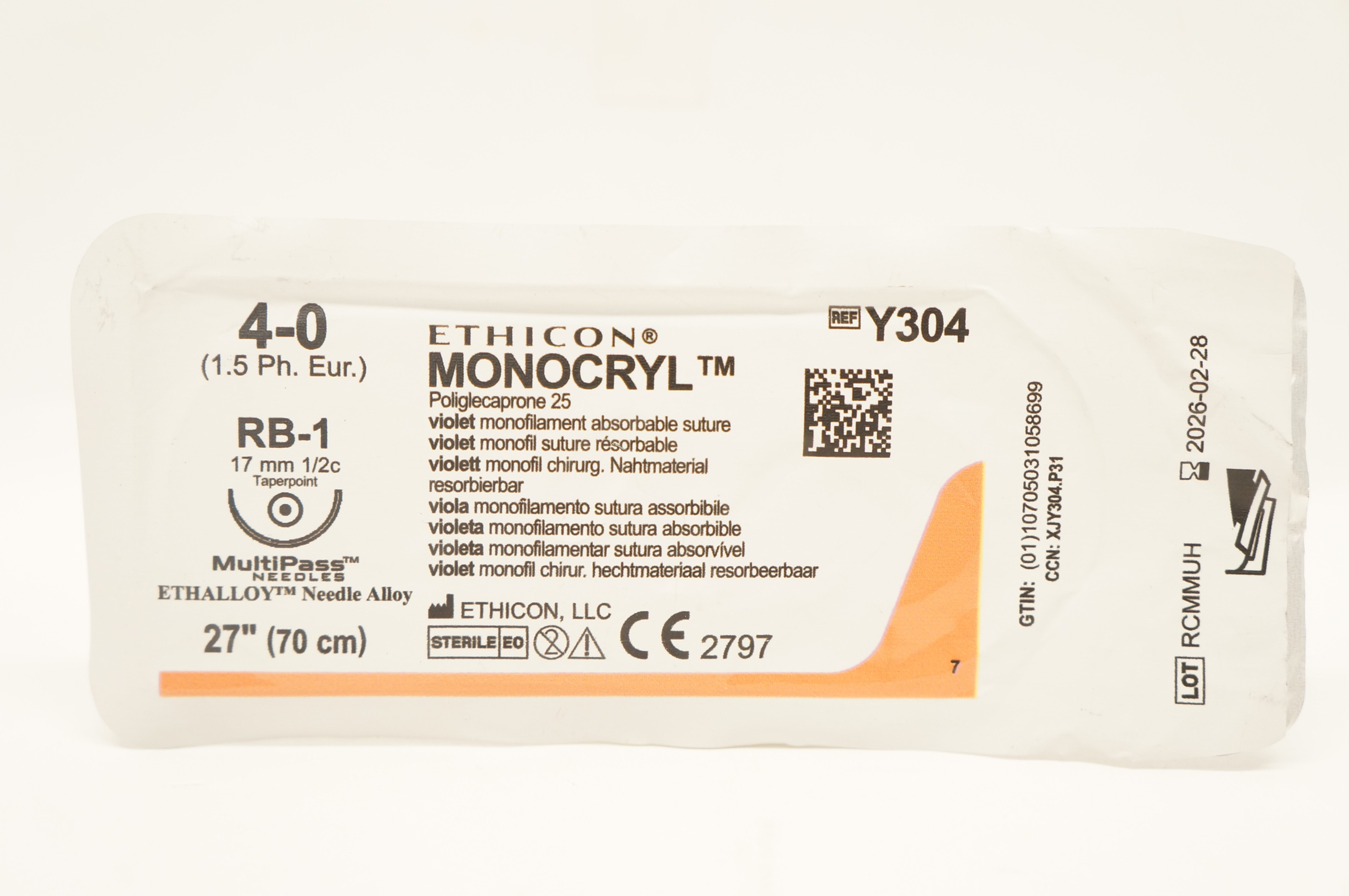Ethicon Y304 4-0 Monocryl Poliglecaprone 25 Stre RB-1 17mm 1/2c Taper, 27inch