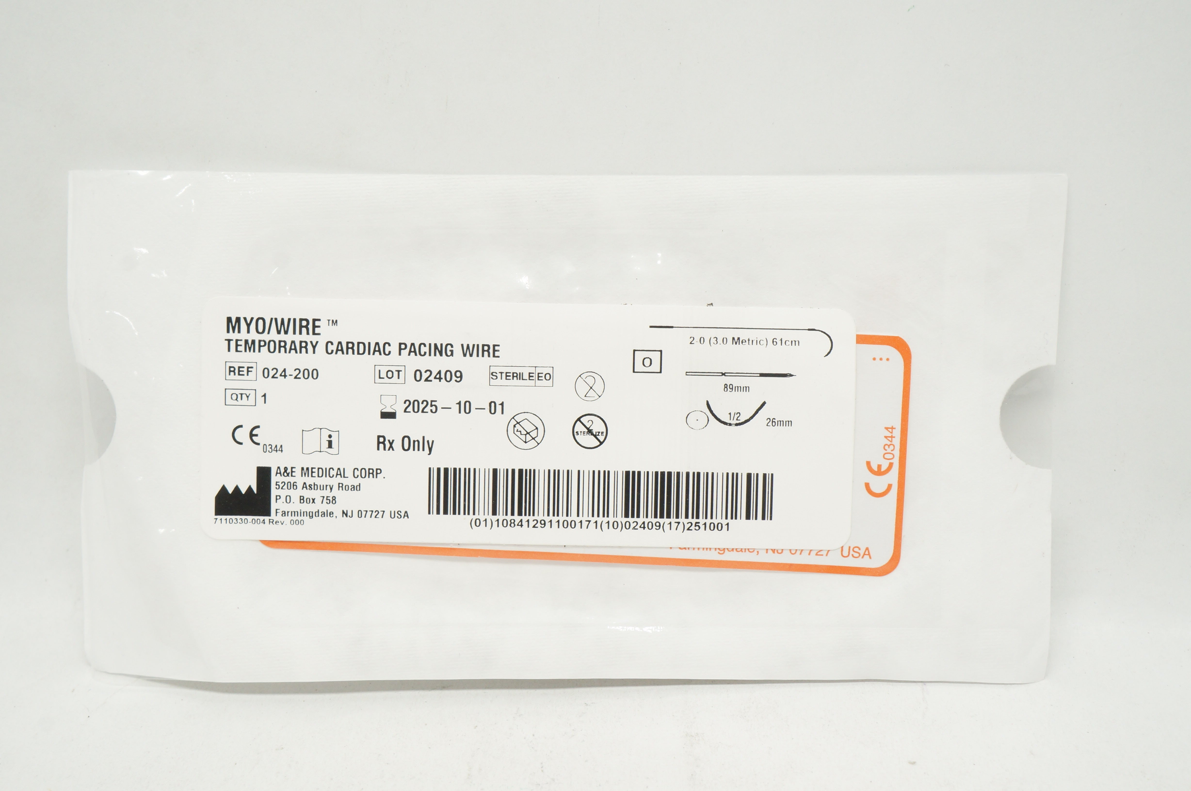 A&E Medical 024-200 2-0 Myo/Wire Temporary Cardiac Pacing Wire 61cm 1/2 26mm
