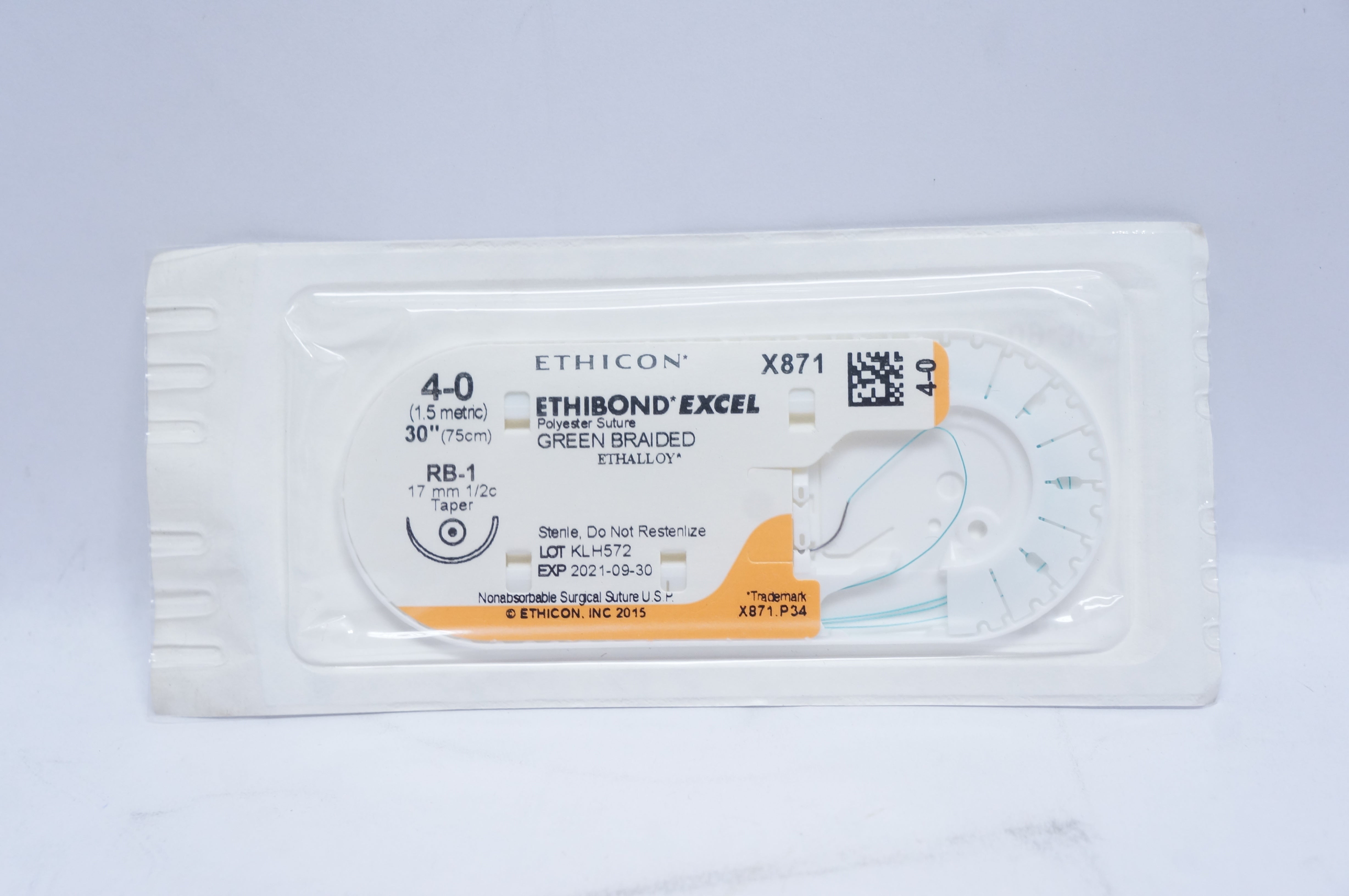 Ethicon X871 4-0 ETHIBOND EXCEL Polyester Stre RB-1, 17mm 1/2c Taper, 30inch (x)