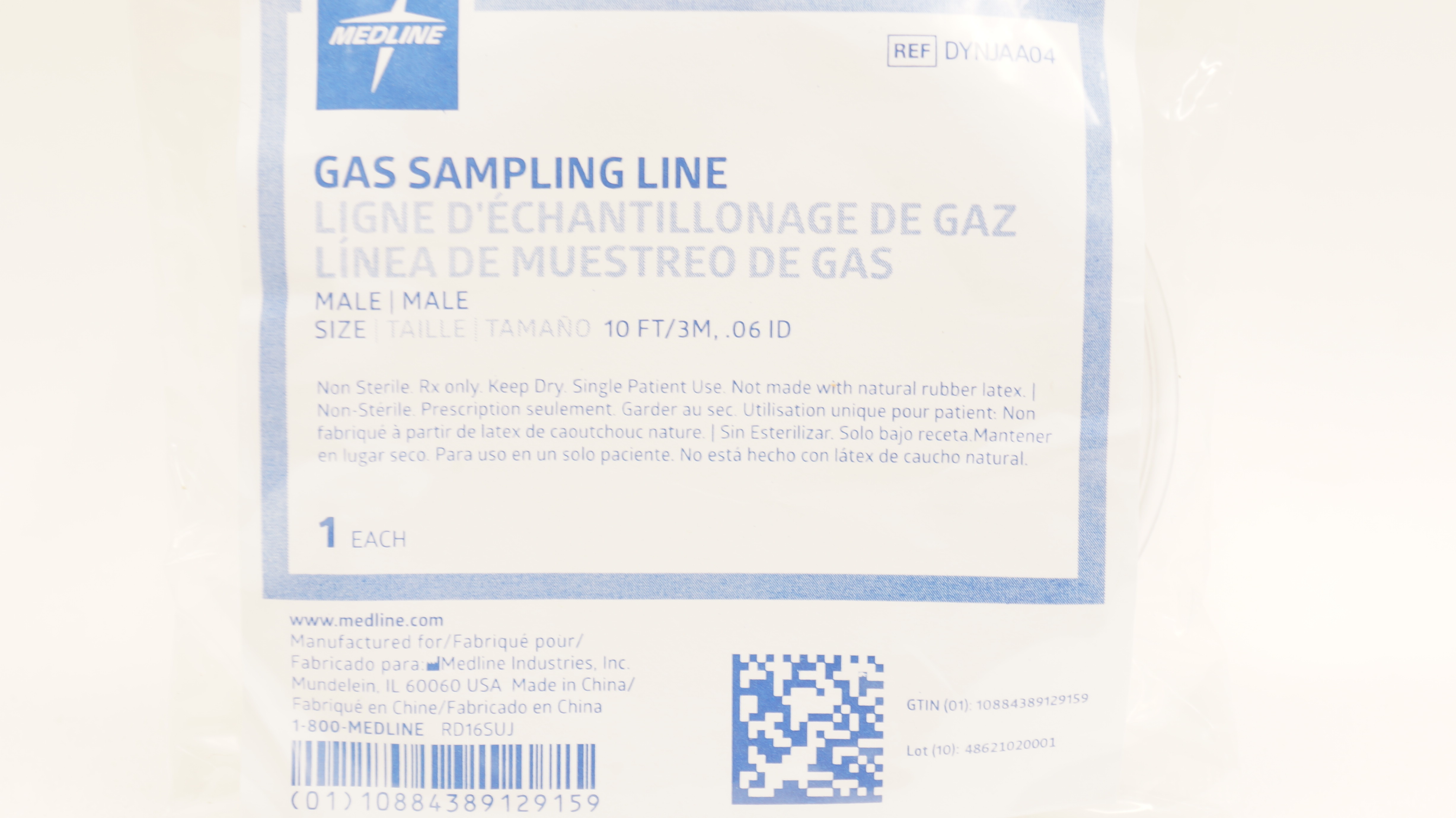 Medline DYNJAA04 Gas Sampling Line, Male 10 Ft.