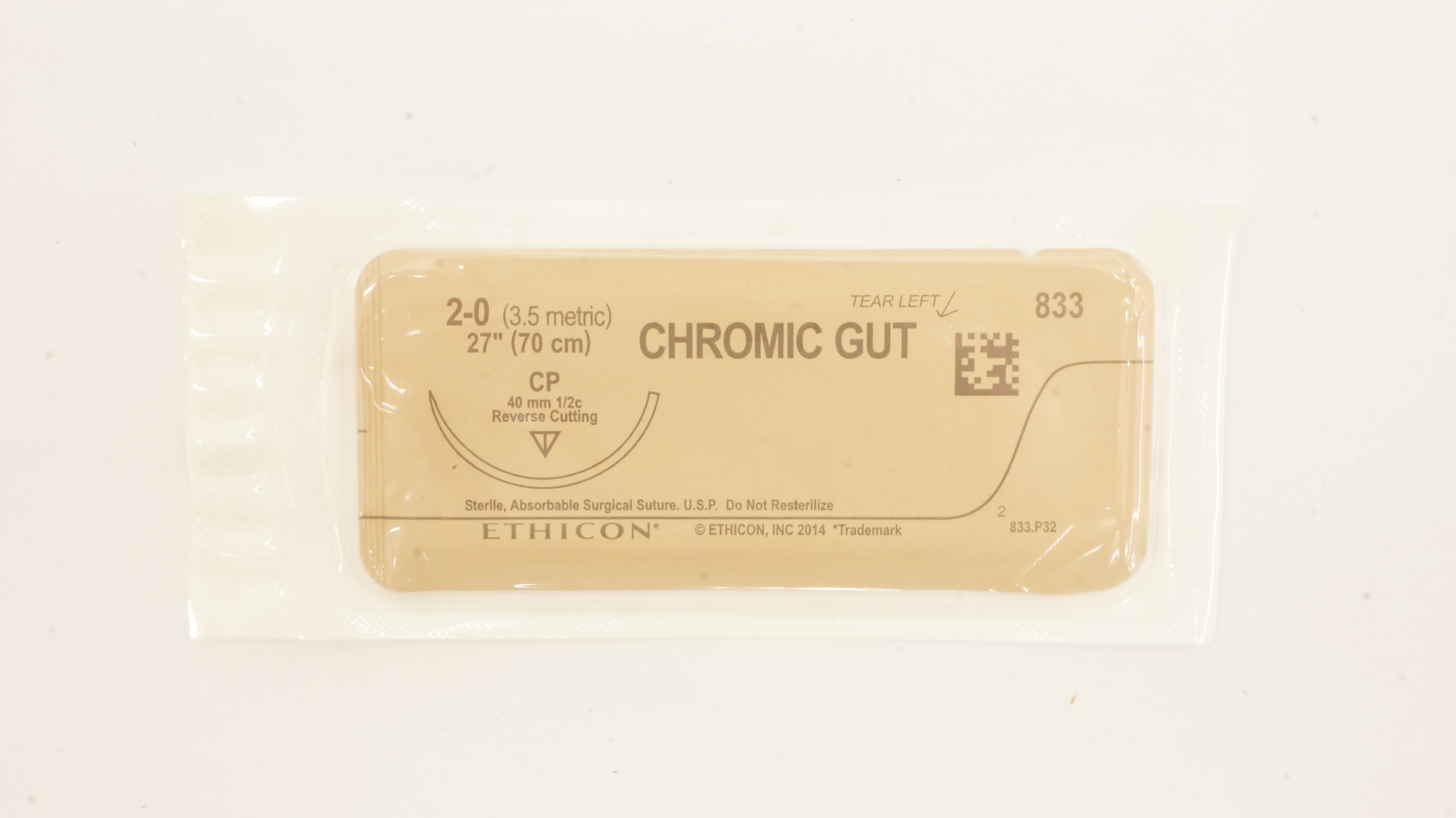 Ethicon 833 2-0 Chromic Gut Surgical Stre CP 40mm 1/2c Reverse Cutting 27inch(x)