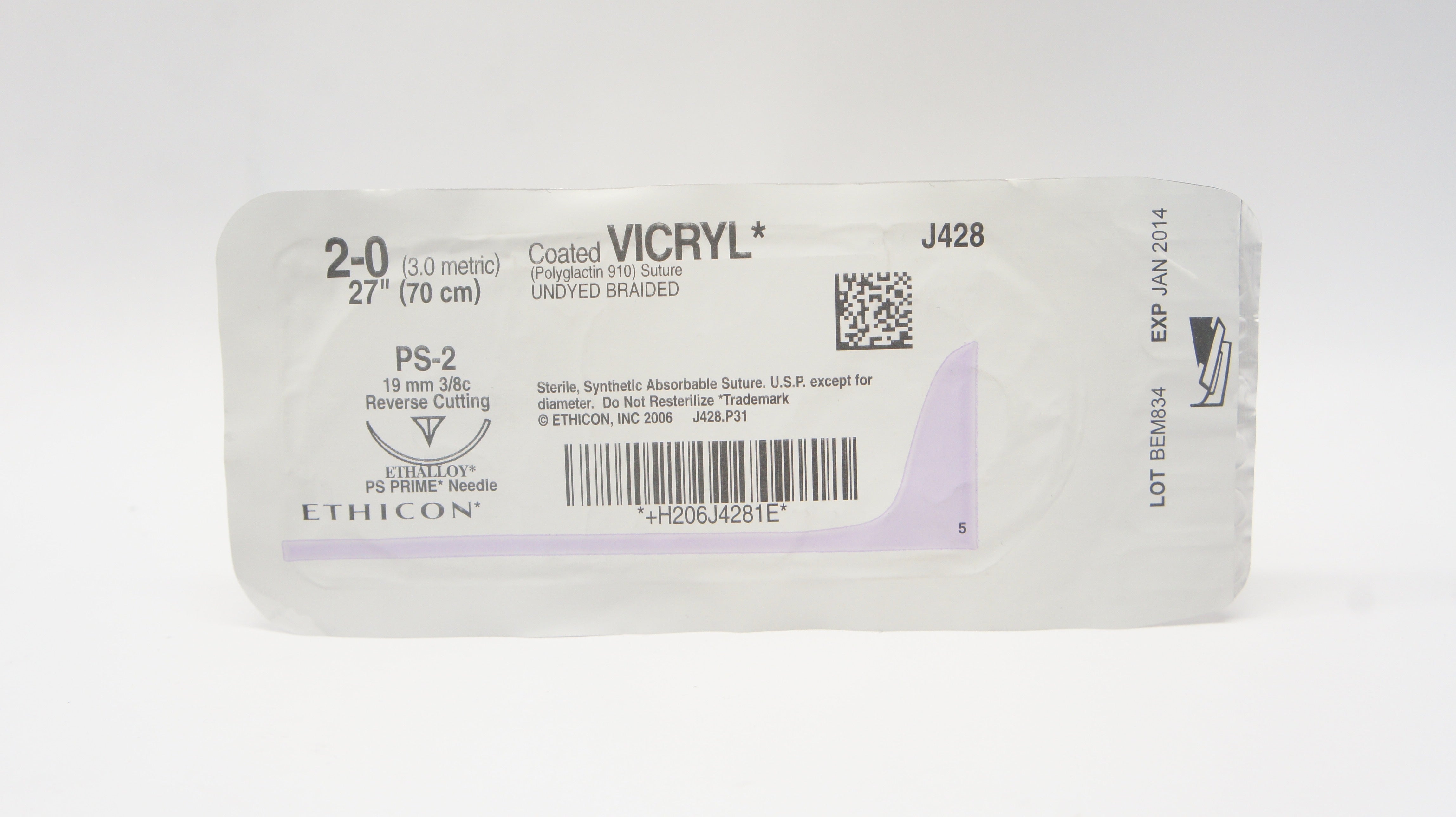 Ethicon J428 2-0 Coated Vicryl Stre PS-2 19mm 3/8c Reverse Cutting, 27inch (x)
