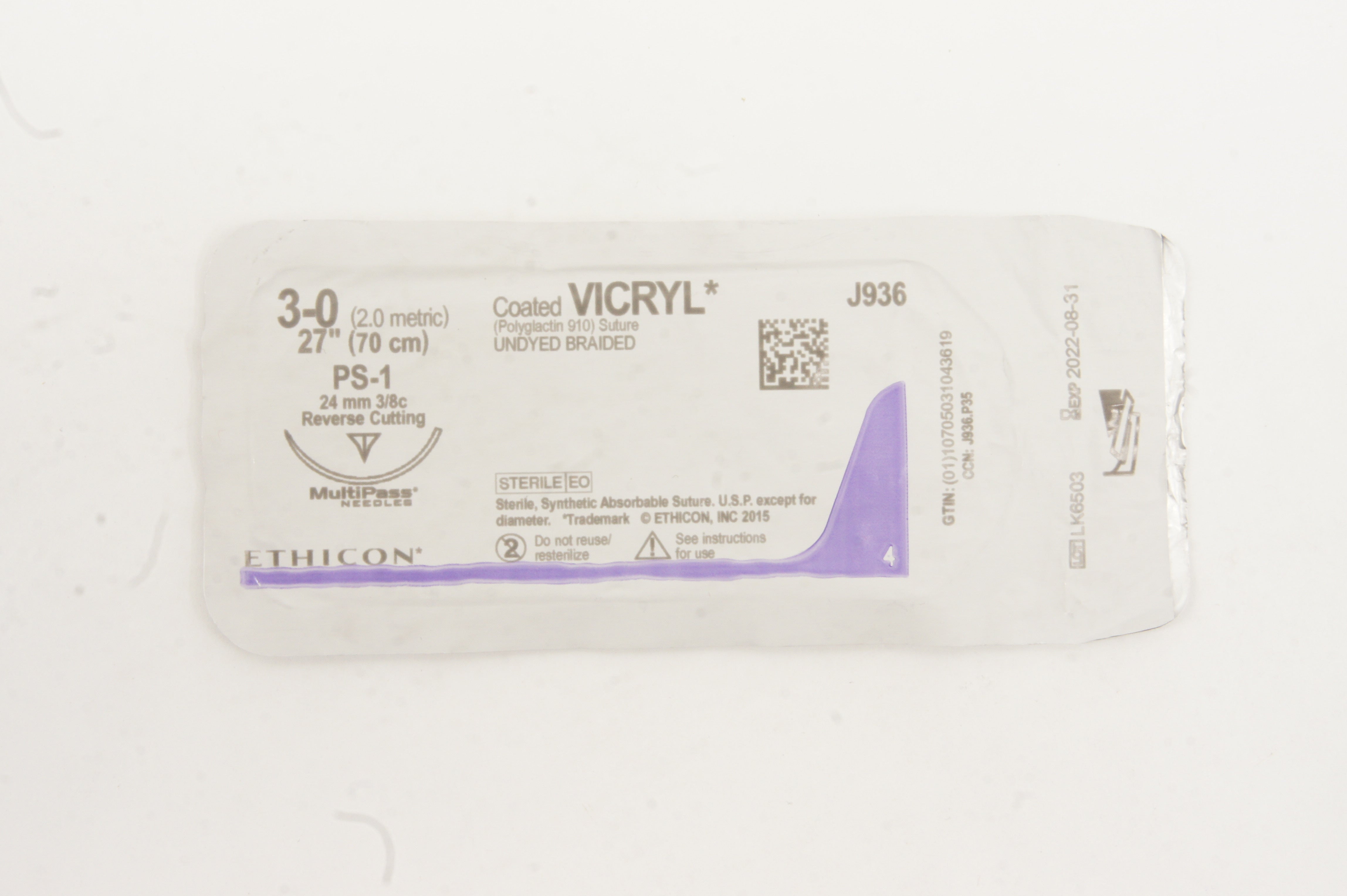 Ethicon J936 3-0 Vicryl PolyglactinStre PS-1 24mm 3/8c Reverse Cutting 27inch(x)