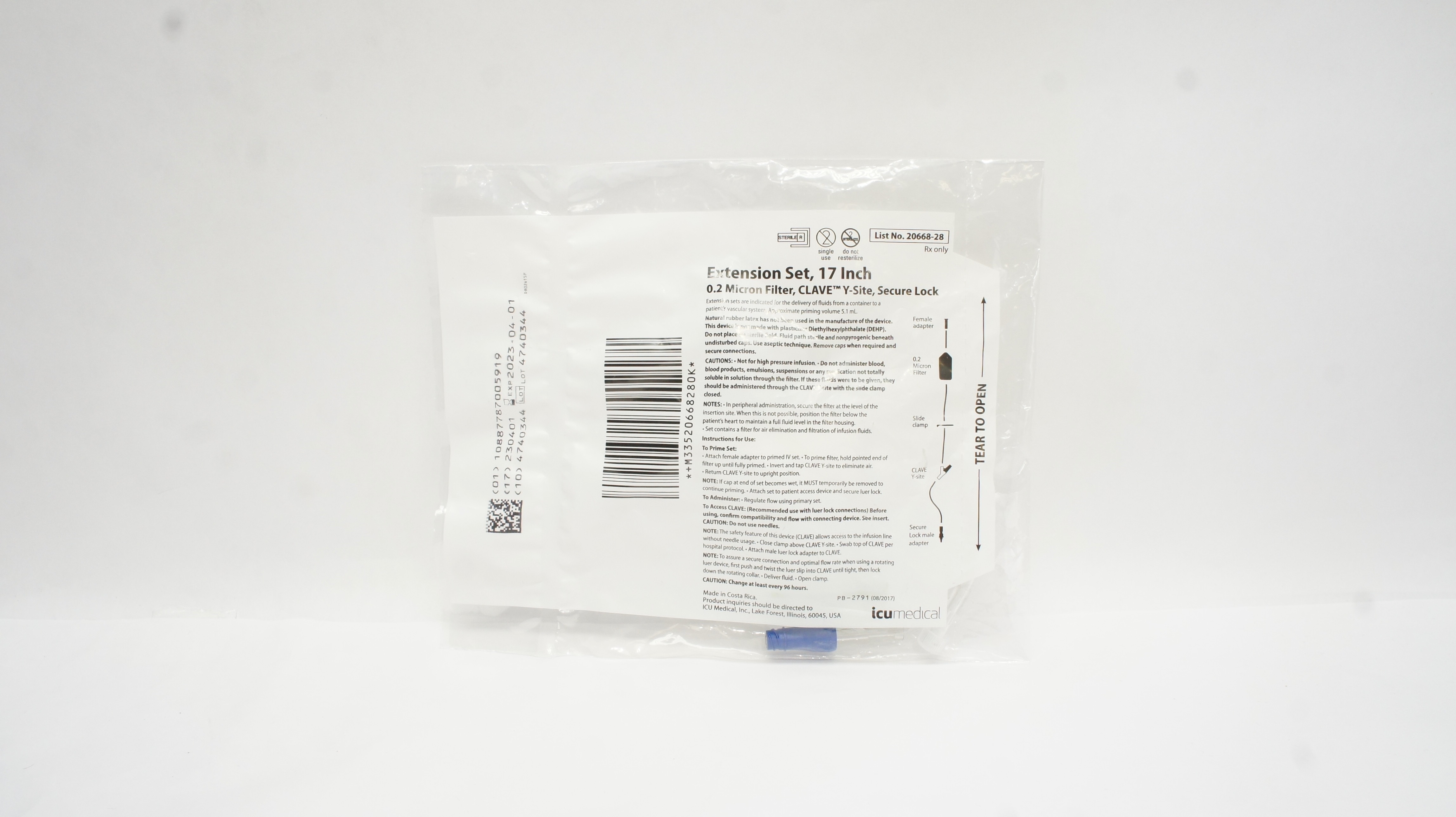 Icu Medical 20668-28 Extension Set, 17in, 0.2 Micron Filter, Clave Y-Site (x)