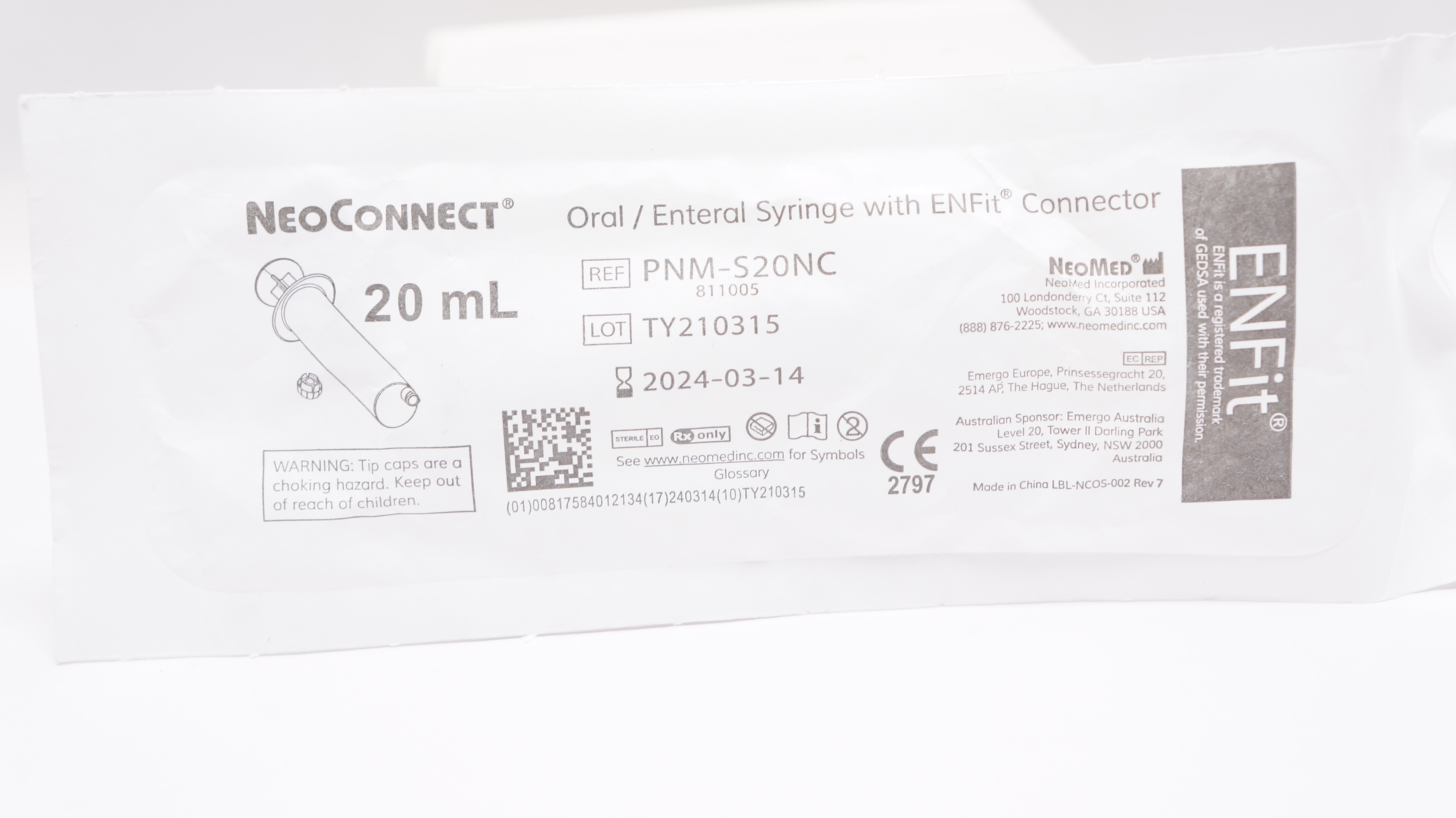 NeoMed PNM-S20NC NeoConnect Oral/Enteral Syringe w/ENFit Connector 20mL