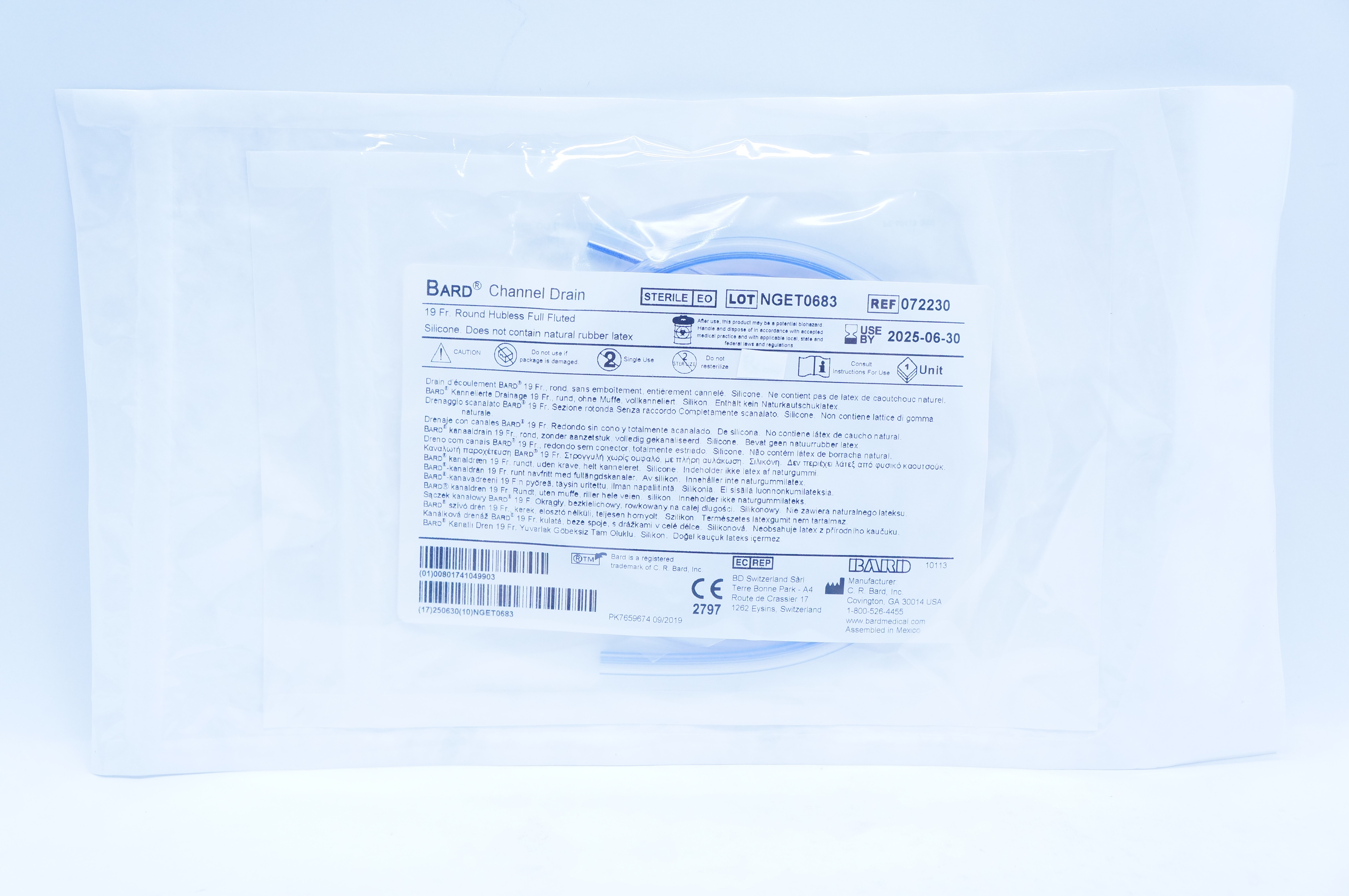 Bard 072230 Channel Drain Round Hubless Full Fluted Silicone, 19 Fr.