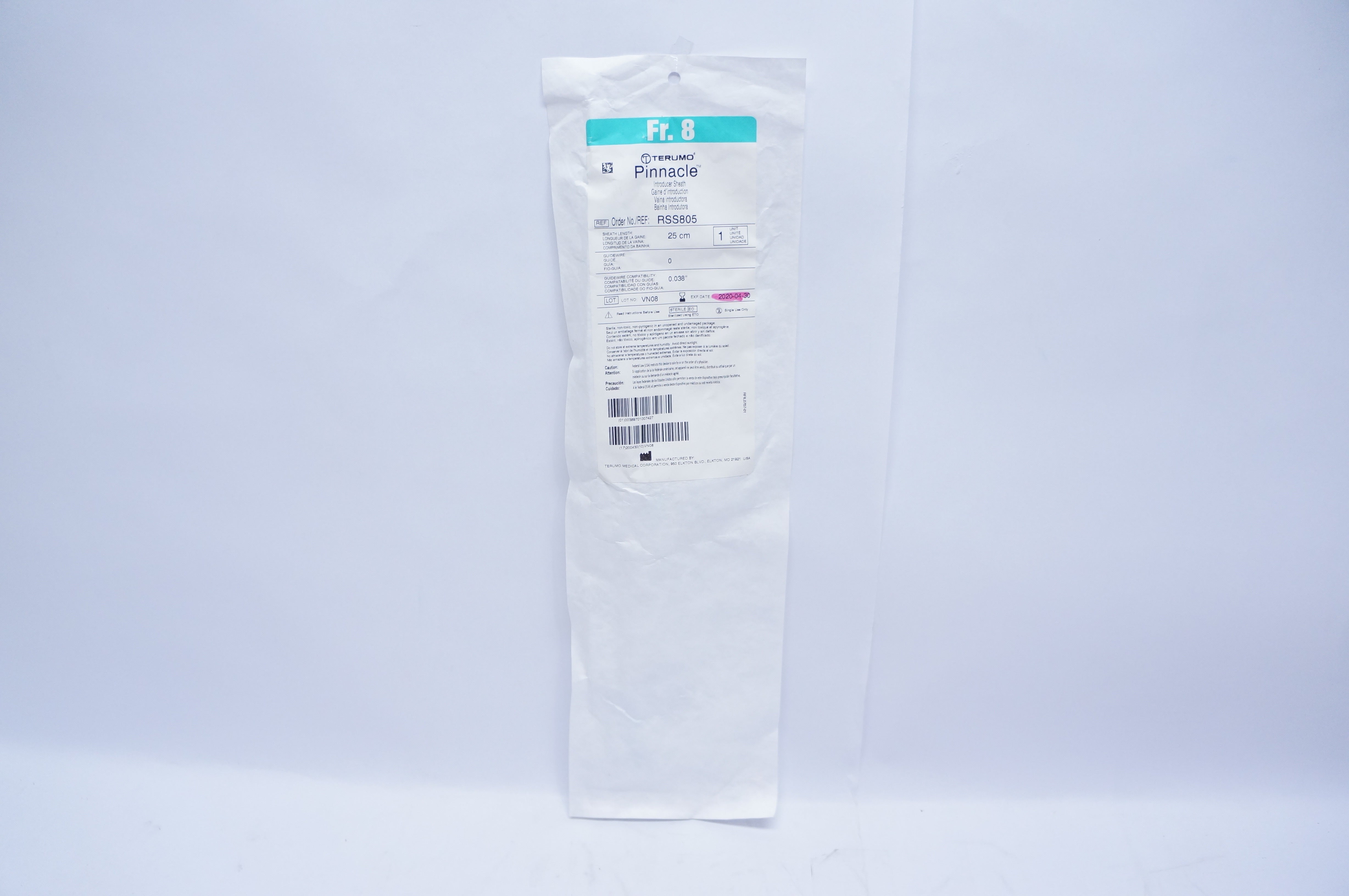 Terumo RSS805 Pinnacle Introducer Sheath Fr. 8, 25 cm x 0.038 inch (x)