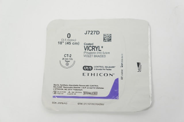 Ethicon J727D 0 Coated VICRYL Polyglactin Stre CT-2 26mm 1/2c Taper, 18inch (x)