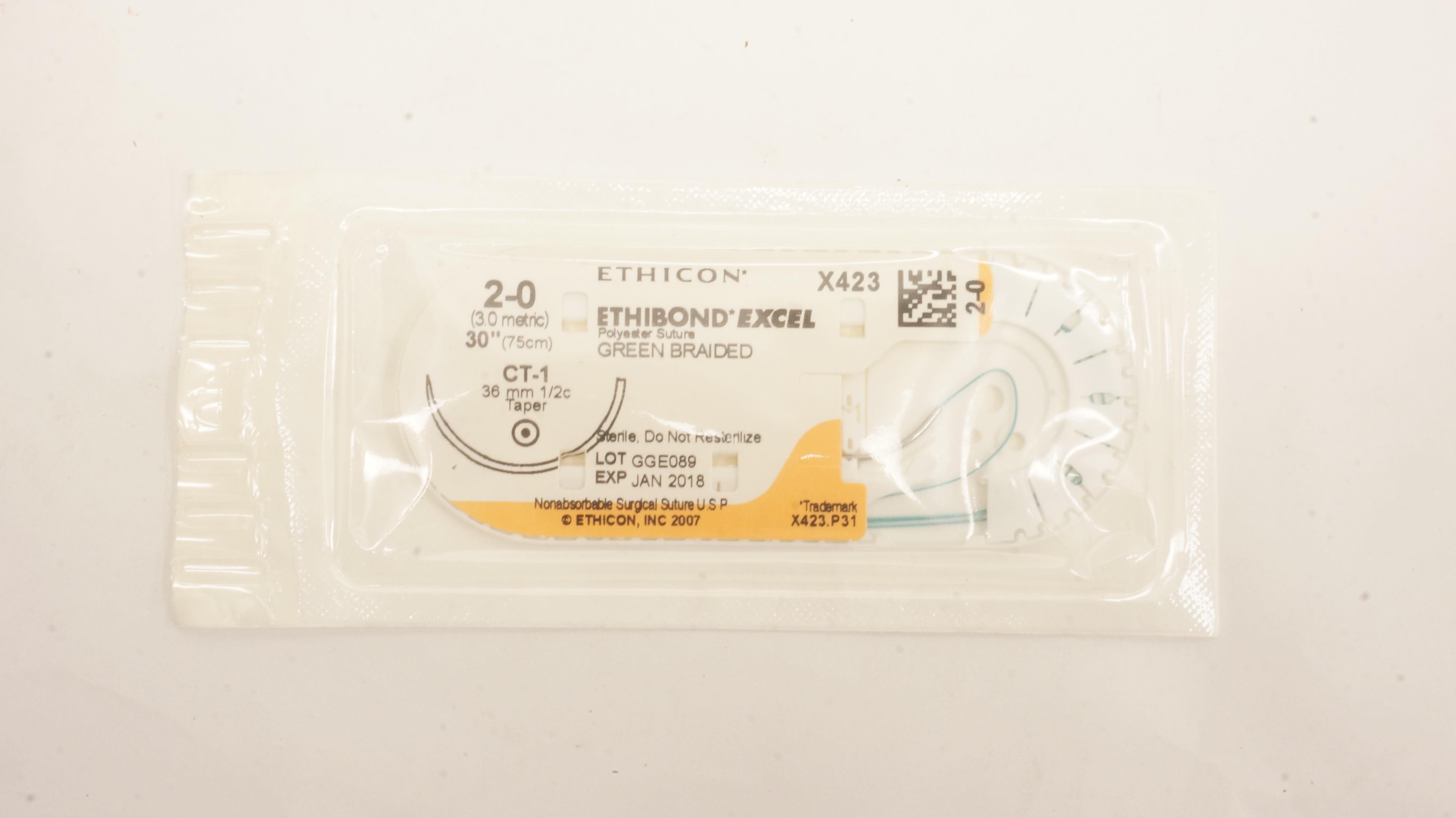 Ethicon X423 2-0 ETHIBOND EXCEL Polyester Stre CT-1 36mm 1/2c Taper 30inch (x)