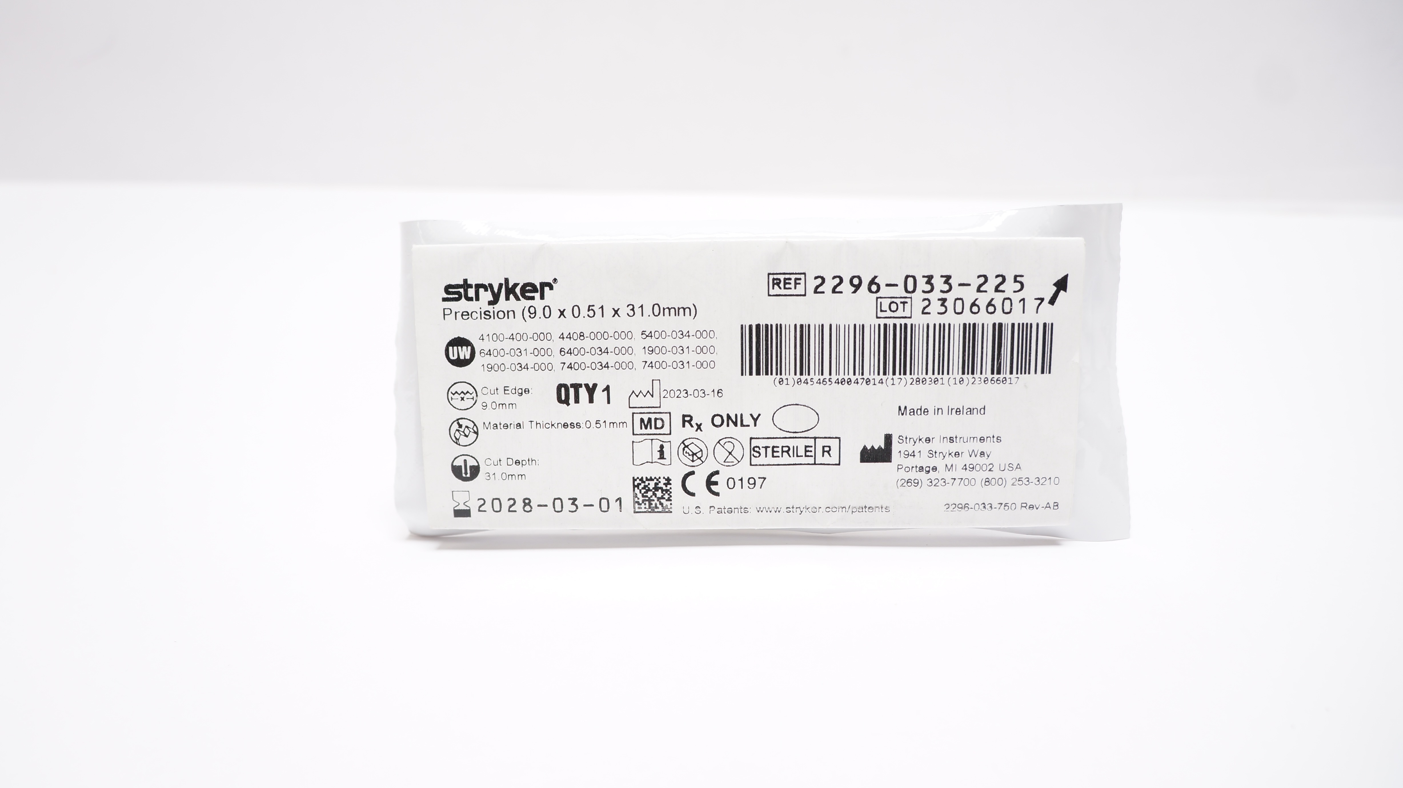 Stryker 2296-033-225 Precision Saw Blade Thin 9.0 x 0.51 x 31.0mm