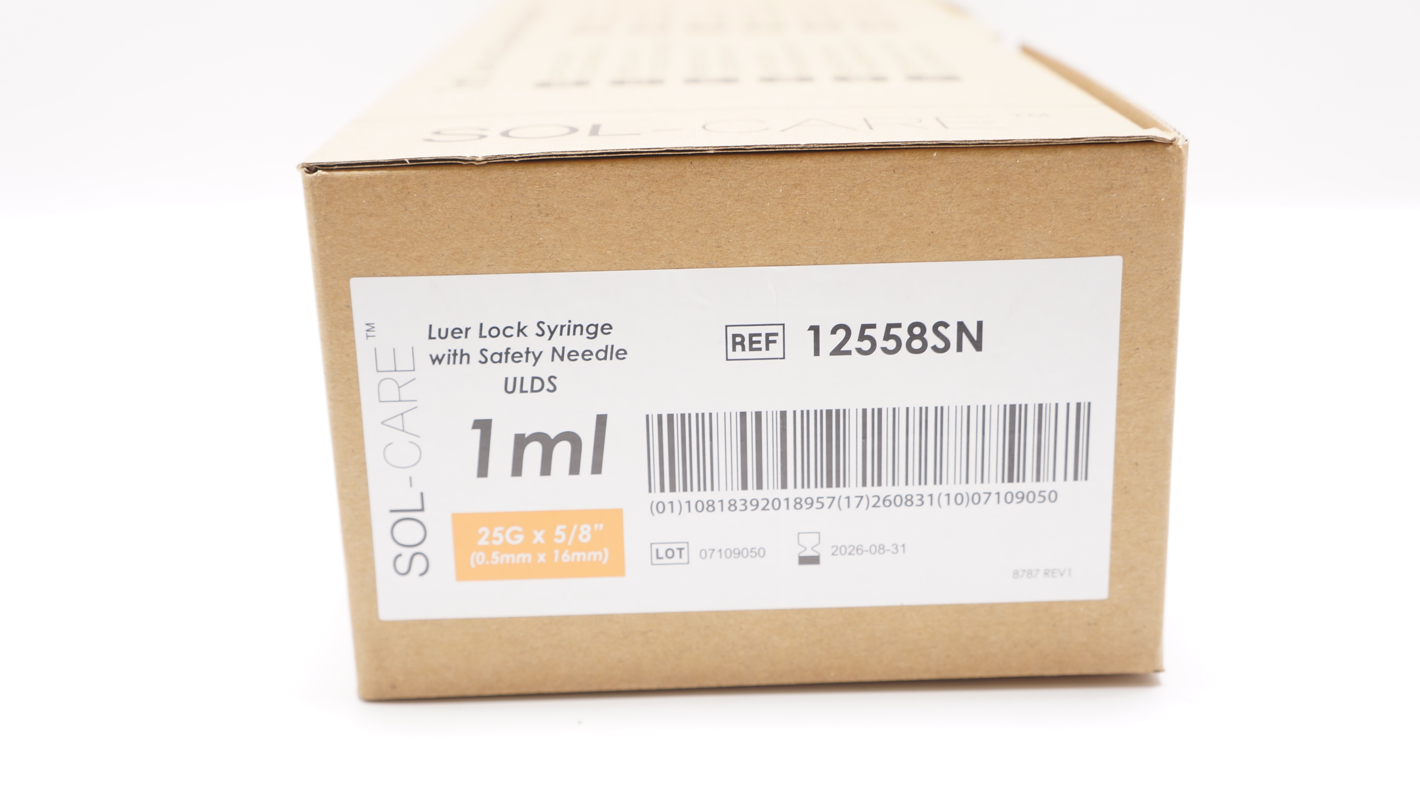 SOL-Care 12558SN 1mL Luer Lock Syringe w/Safety Ndle. 25G x 5/8In - Box of 50