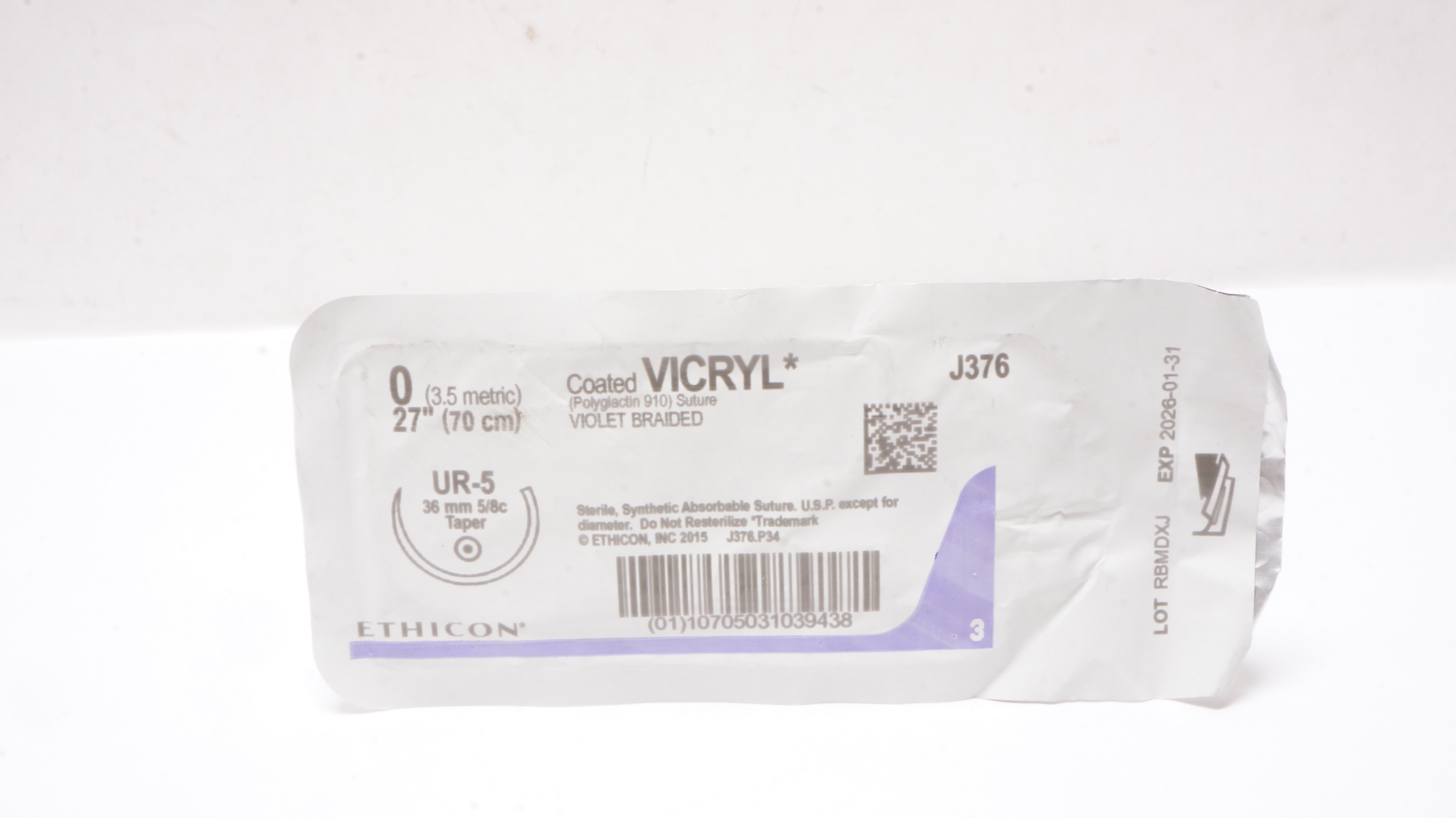 Ethicon J376 0 Coated VICRYL Polyglactin Stre UR-5 36mm 5/8c Taper, 27inch