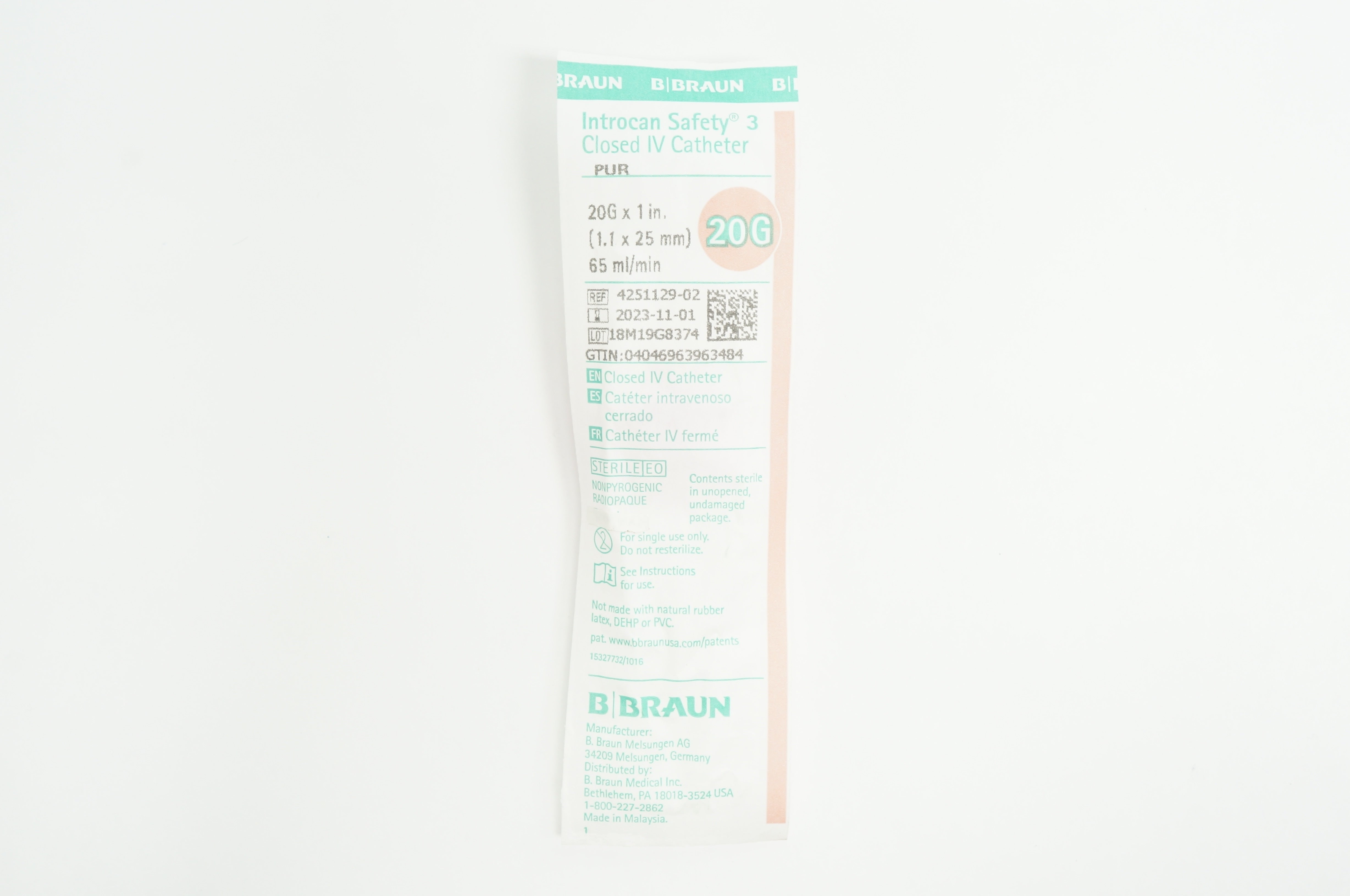 Braun 4251129-02 Introcan Safety 3 Closed IV Cath. 20G x 1 inch x 65ml/min